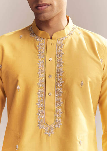 Yellow Silk Kurta Set For Men With Zardosi And Aari Work