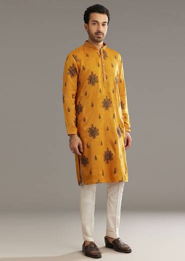 Yellow Silk Kurta Set With Artistic Print