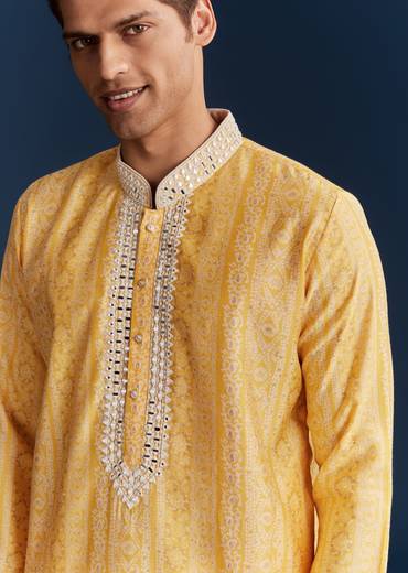 Yellow Silk Kurta Set With Mirror Work