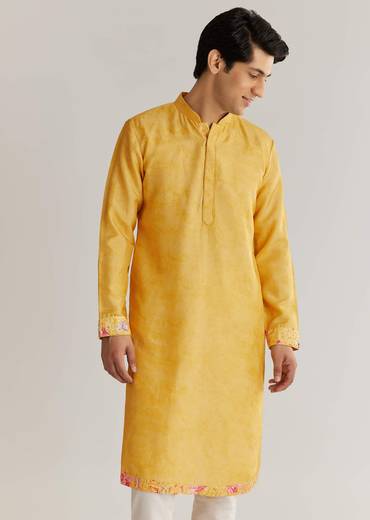 Yellow Silk Stone Sequins Cutdana Kurta Jacket Set