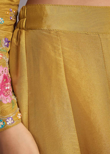 Yellow Tissue Anarkali Set With Resham And Moti Work