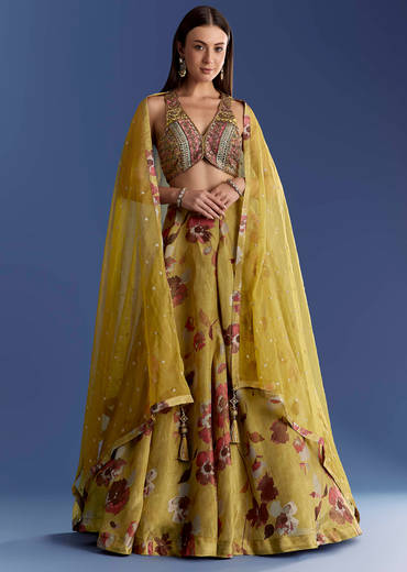 Yellow Tissue Lehenga Set With Zardosi Choli And Sequins Dupatta
