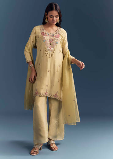 Light Yellow Tissue Palazzo Suit With Zardosi Work