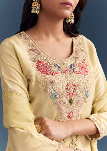 Light Yellow Tissue Palazzo Suit With Zardosi Work