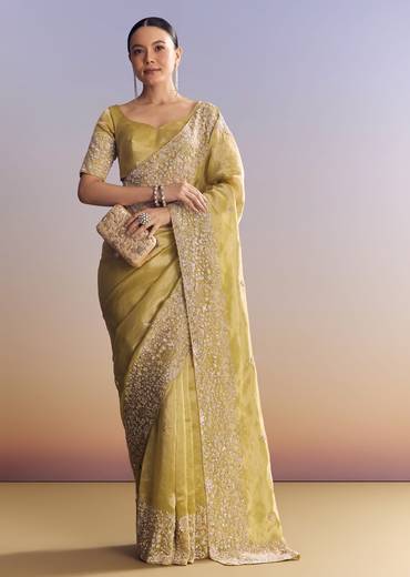 Yellow Tissue Saree With Heavy Floral Embroidered Border