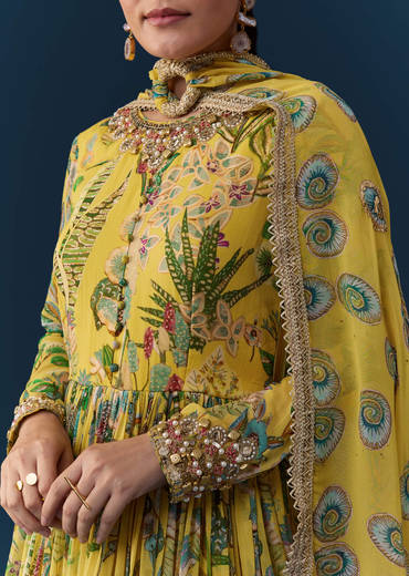 Yellow Tropical Print Georgette Anarkali with Moti Work