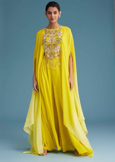 Yellow Georgette Crepe Palazzo Set With Ombre Sleeves