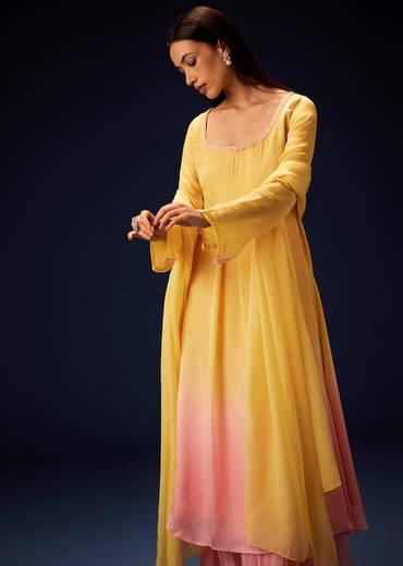 Yellow Orgnaza Kurta Palazzo Suit With Bell Bottom Pants