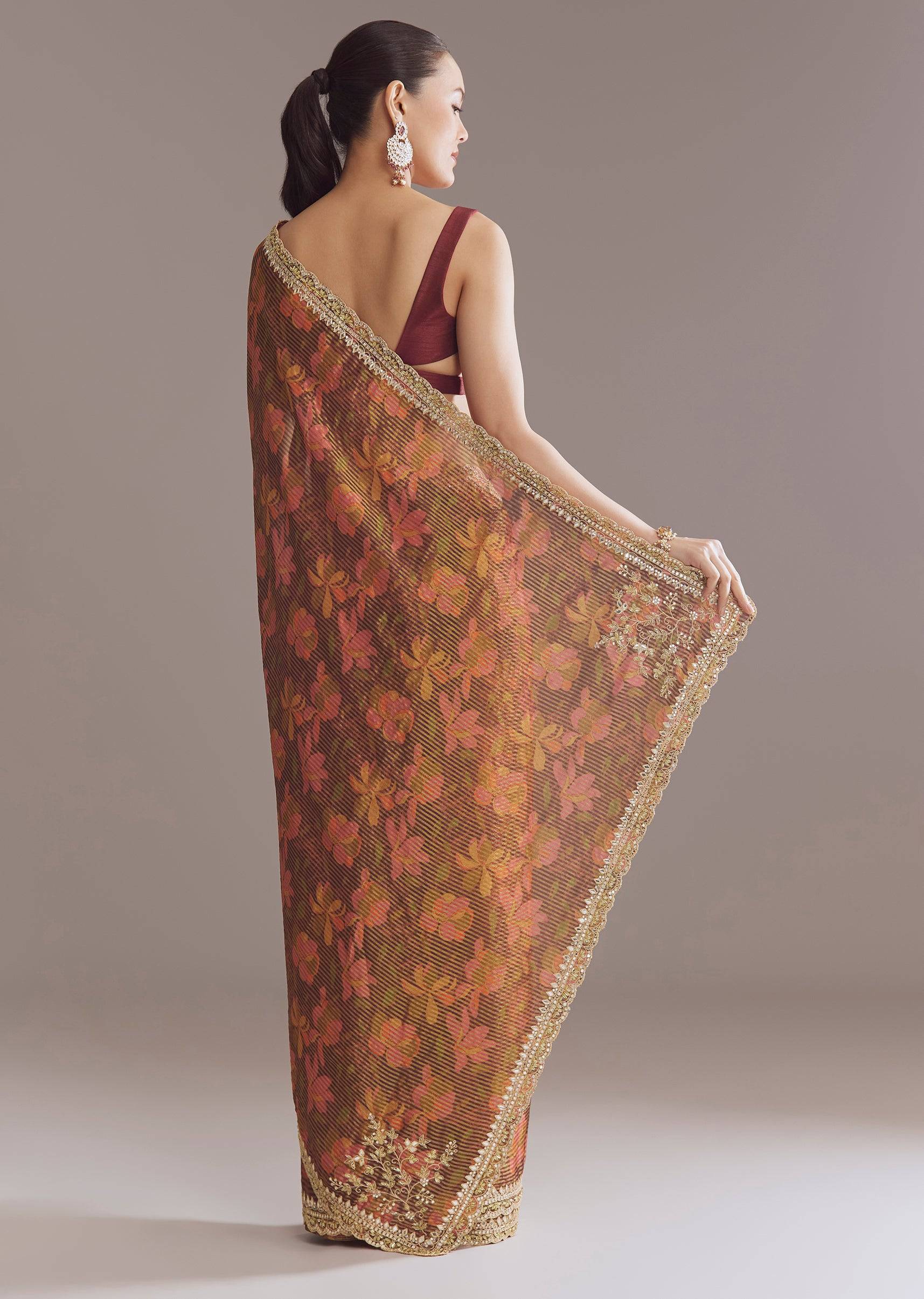 BrownPrintedTissueLurexSareeWithZariMirrorAndCutdana-SG314477-4 1