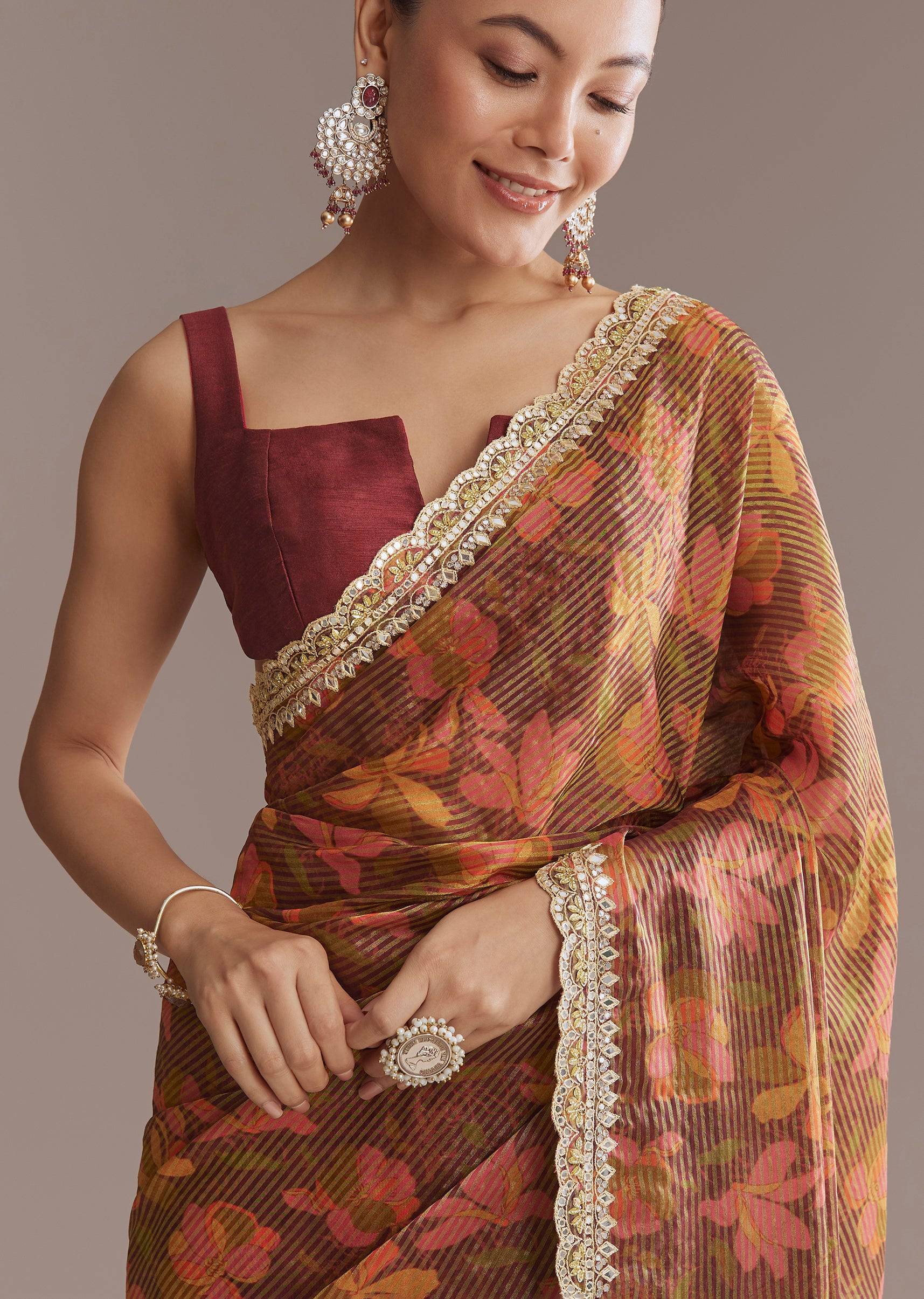 BrownPrintedTissueLurexSareeWithZariMirrorAndCutdana-SG314477-4 10