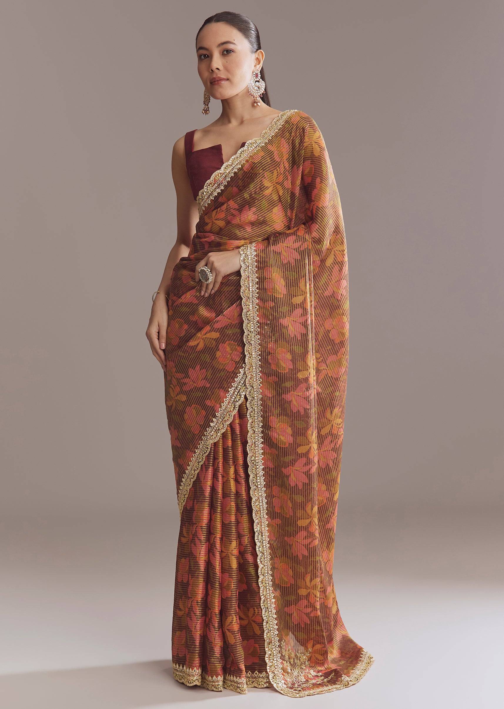 BrownPrintedTissueLurexSareeWithZariMirrorAndCutdana-SG314477-4 2