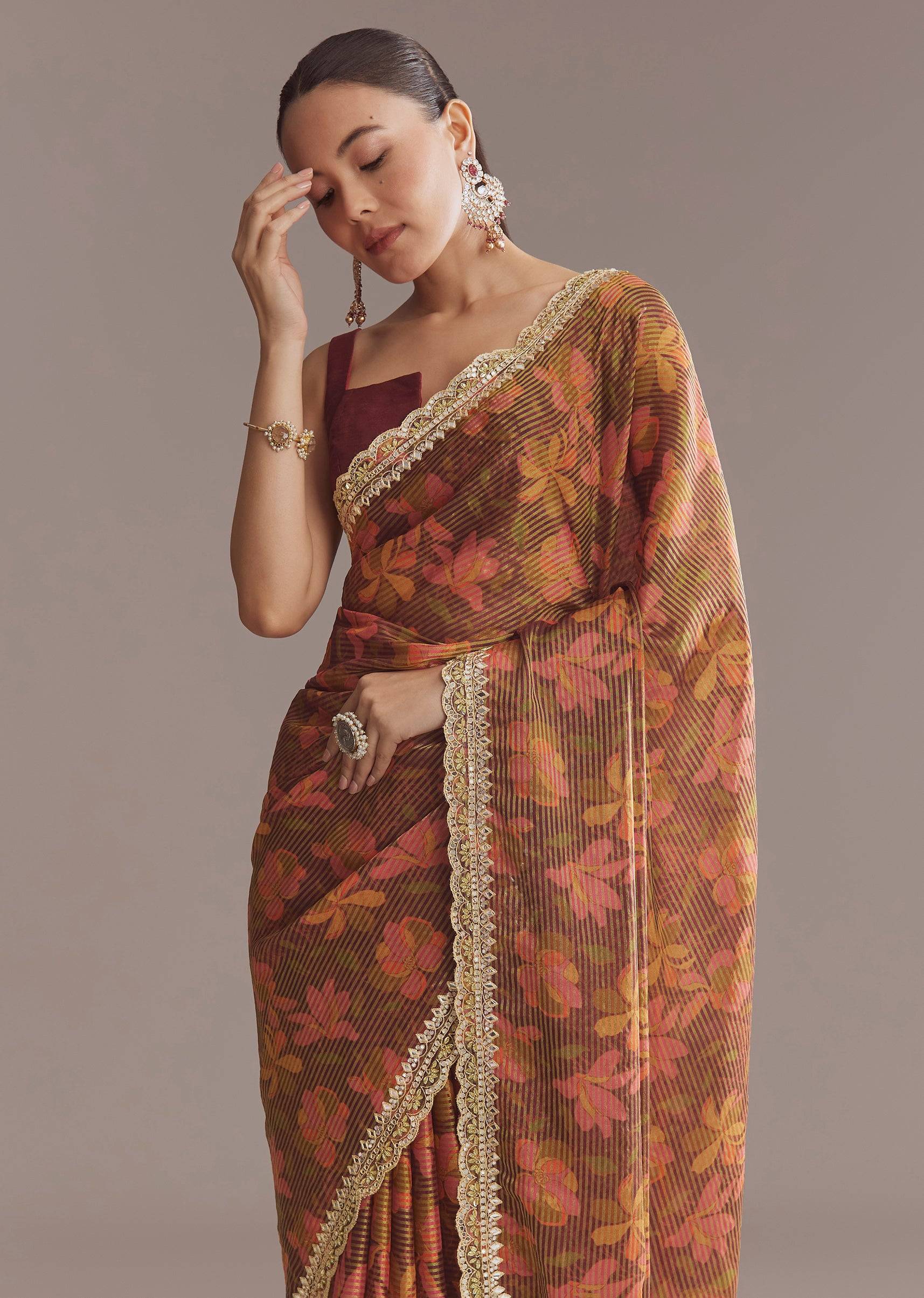 BrownPrintedTissueLurexSareeWithZariMirrorAndCutdana-SG314477-4 3
