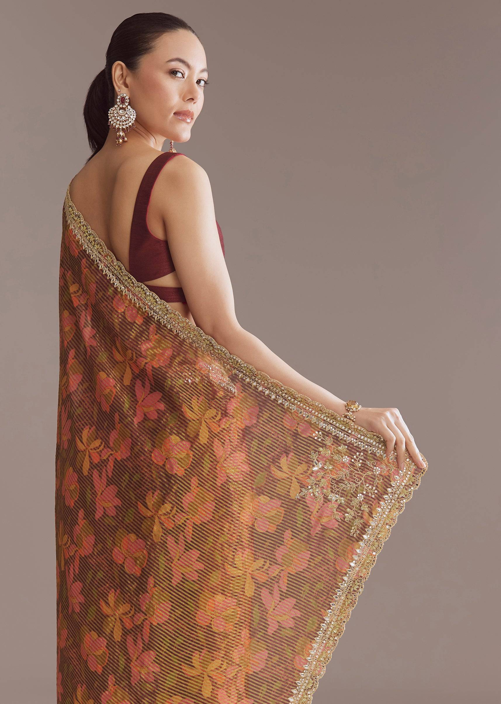 BrownPrintedTissueLurexSareeWithZariMirrorAndCutdana-SG314477-4 4