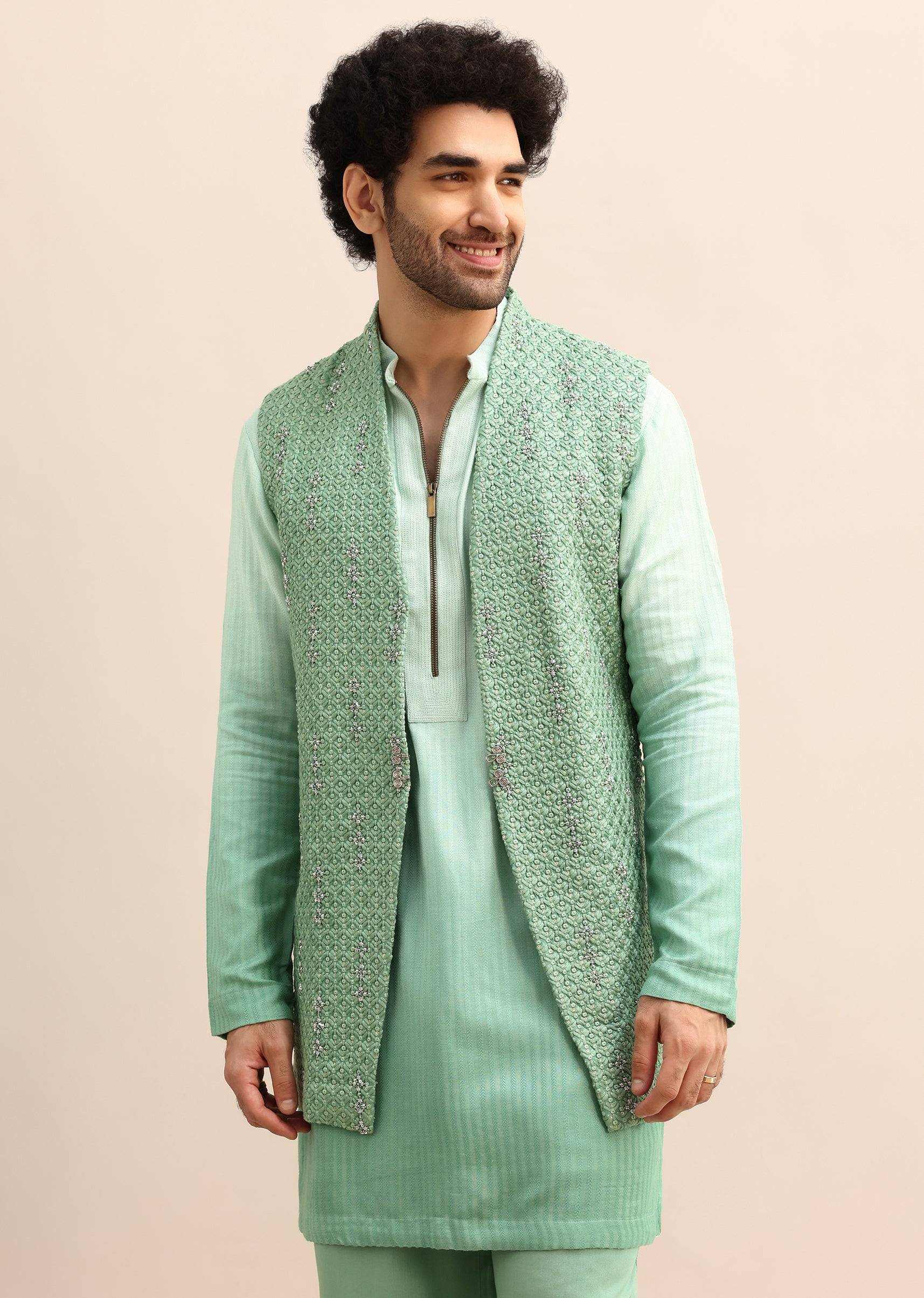 Light Green Hand Embroidered Silk Kurta Jacket Set-SG233740 7 9564eb3f-81b5-49fc-90e4-137ef776cdb9
