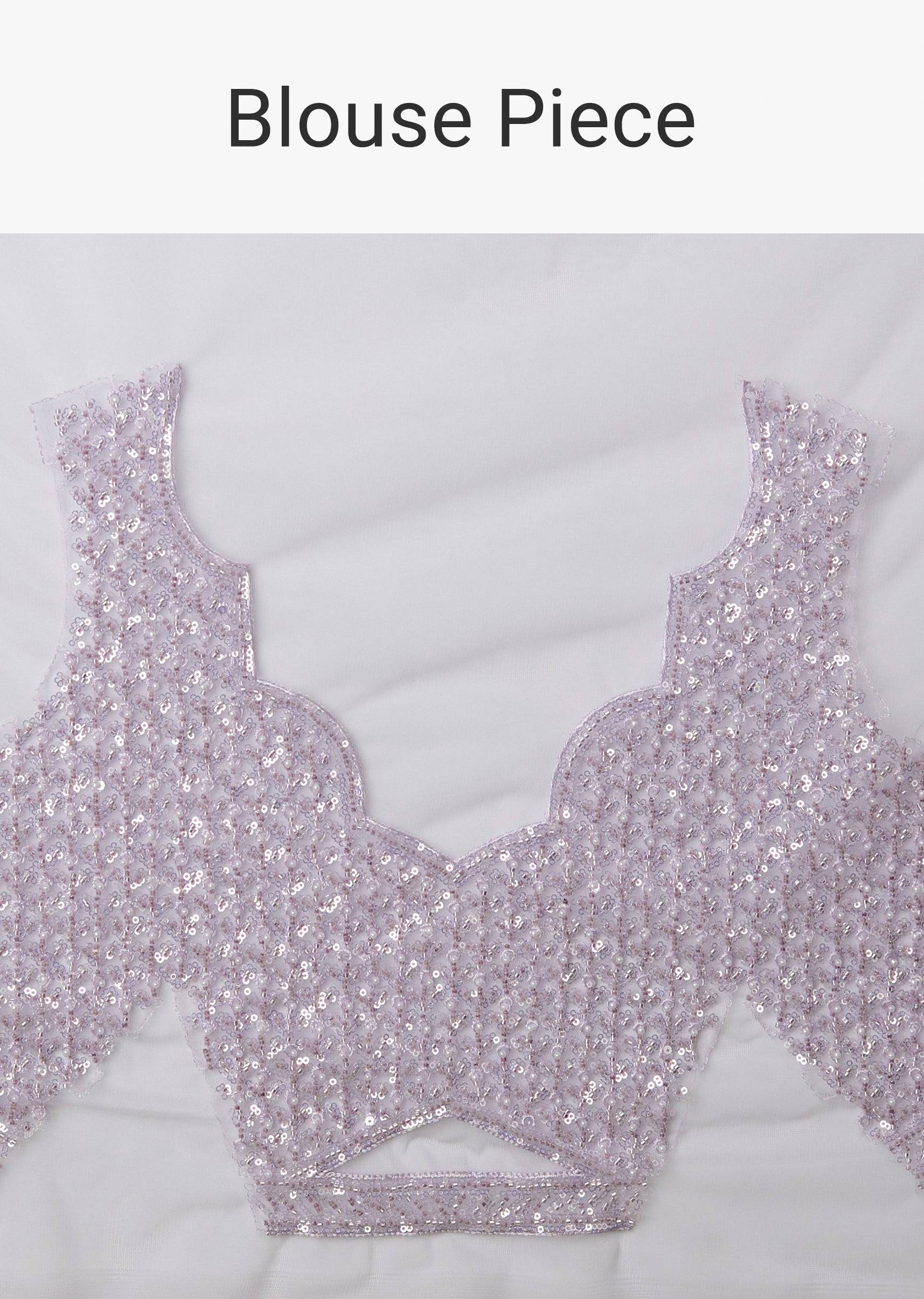 Lavender Net Floral Work Saree with Unstitched Blouse