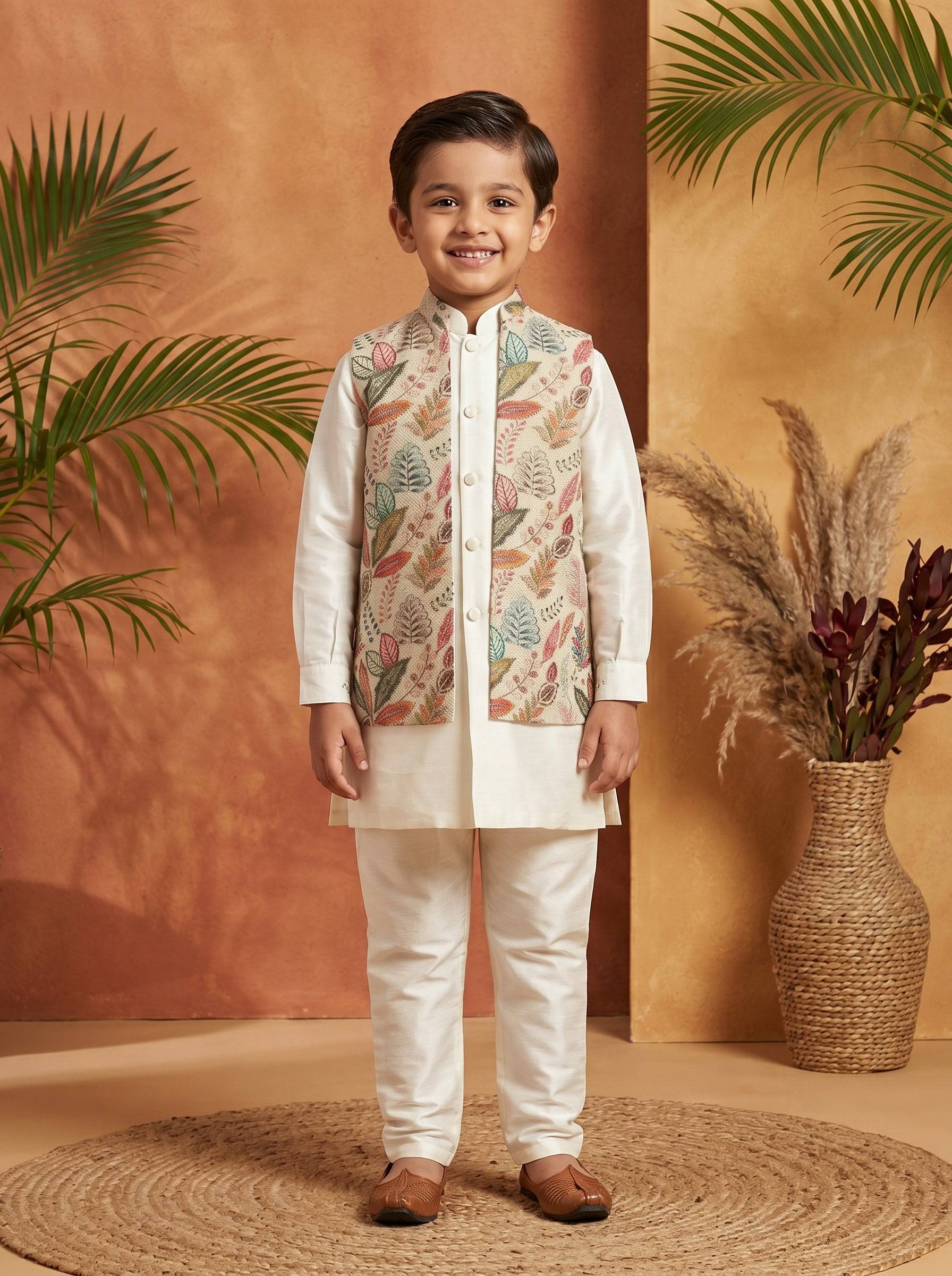 Cream Multi Floral Nehru Jacket Set
