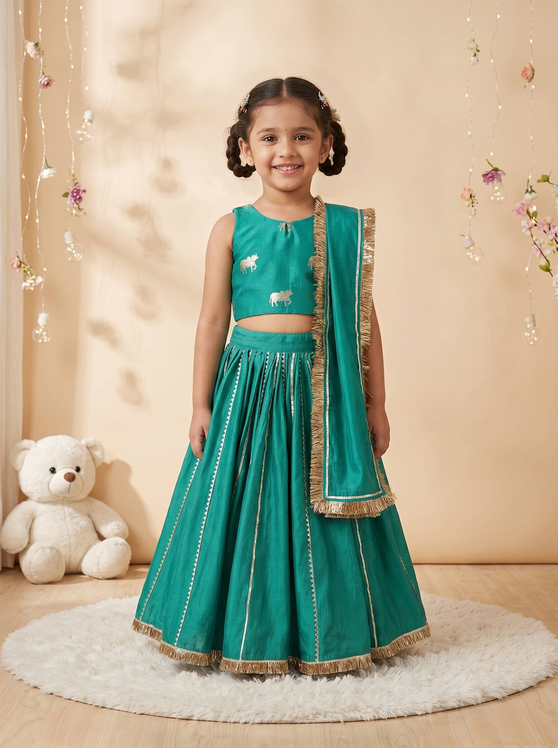 Green Chanderi Lehenga Set With Gotta Work