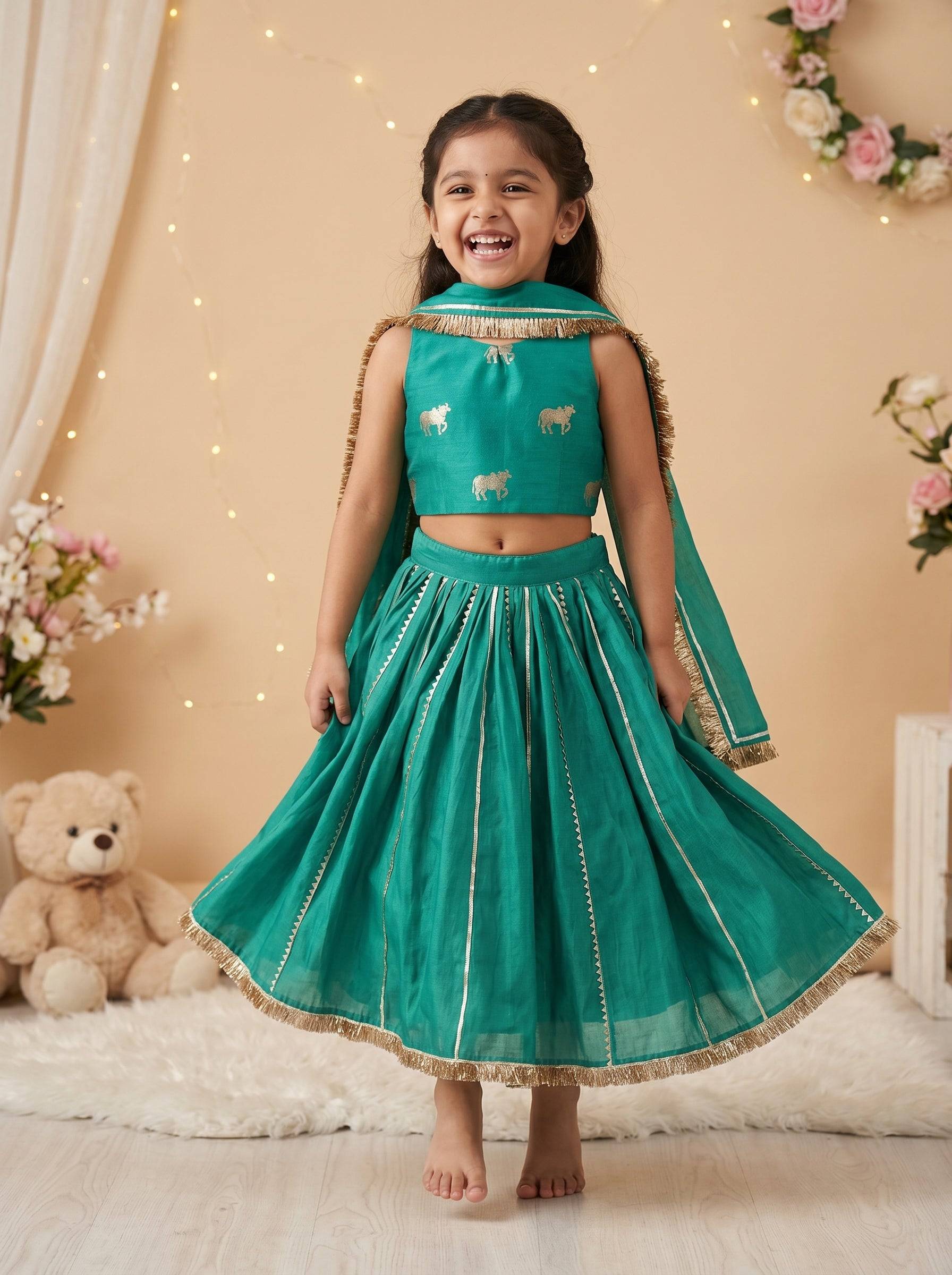 Green Chanderi Lehenga Set With Gotta Work
