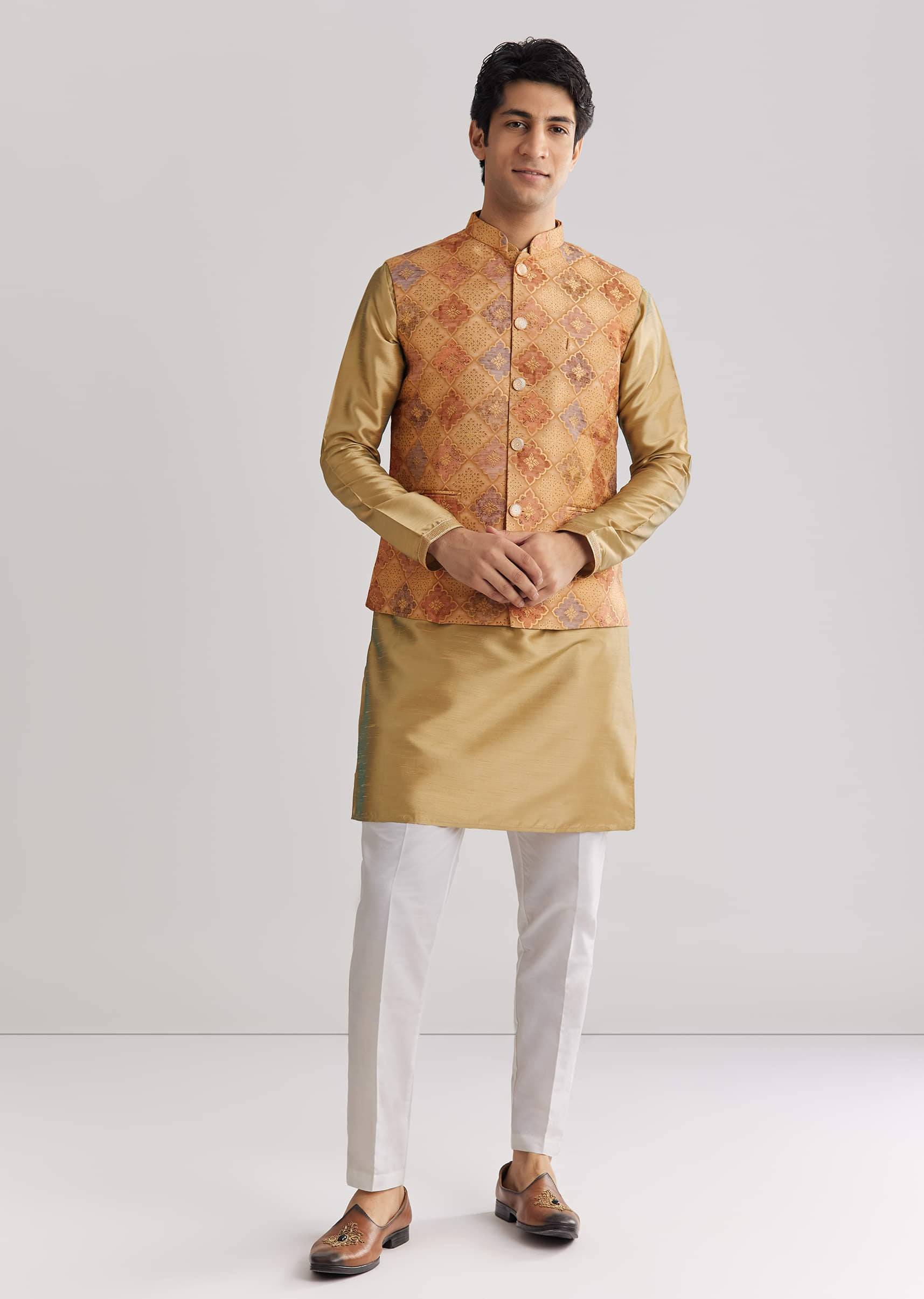 beige-brocade-jacket-kurta-set-sg310417-2 1