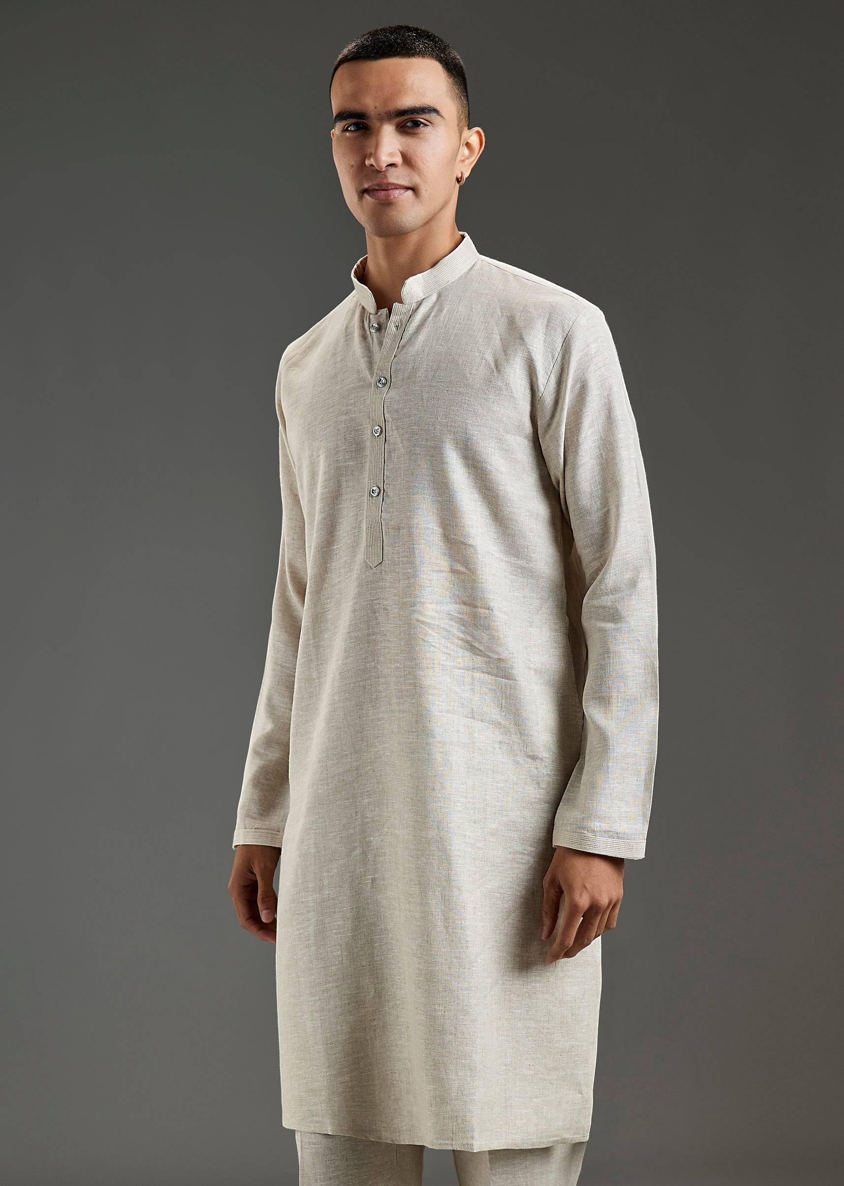 Beige Silk Kurta Jacket Set With Resham Mirror Work