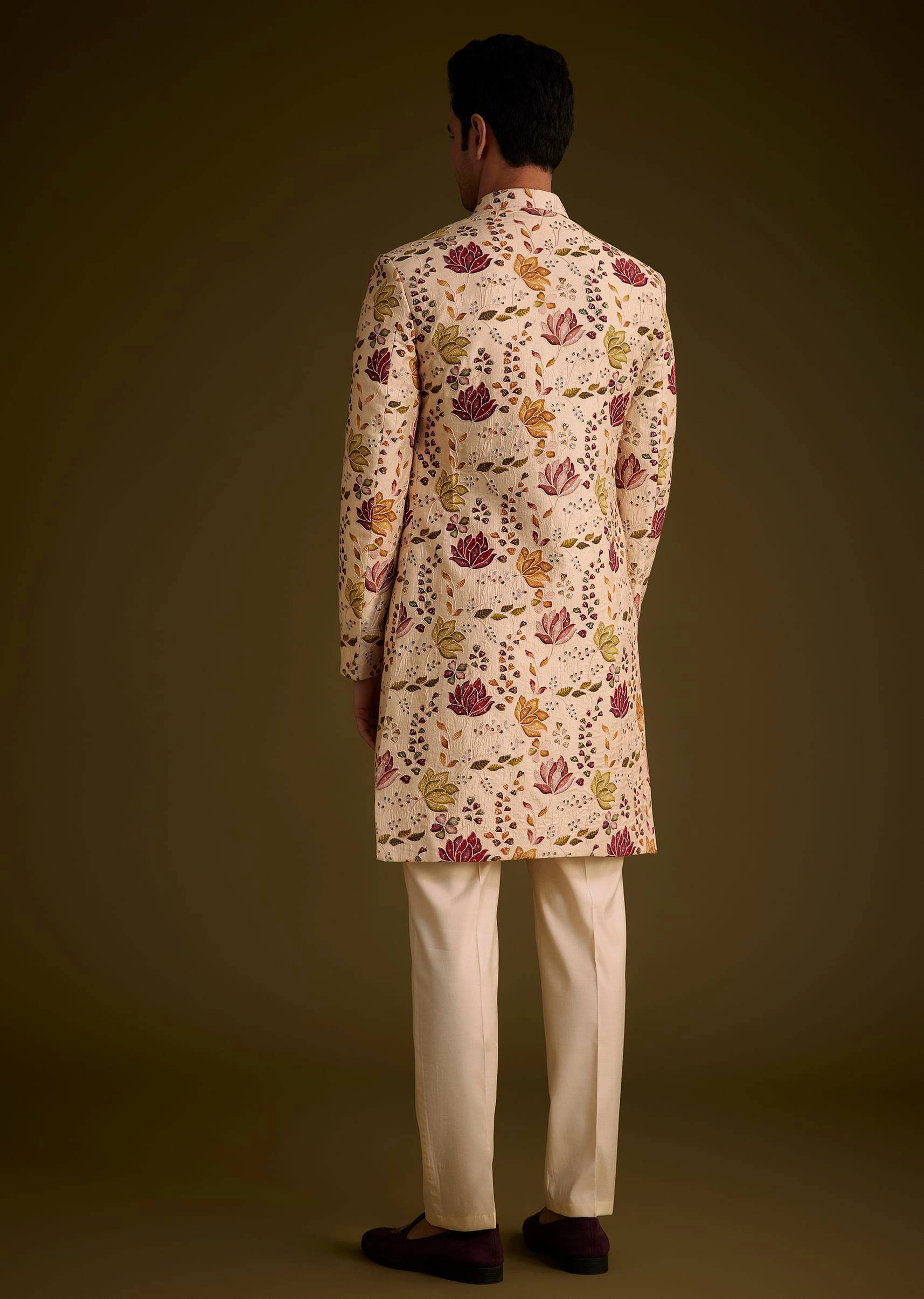 beige silk indowestern set with self work-sg253103 3