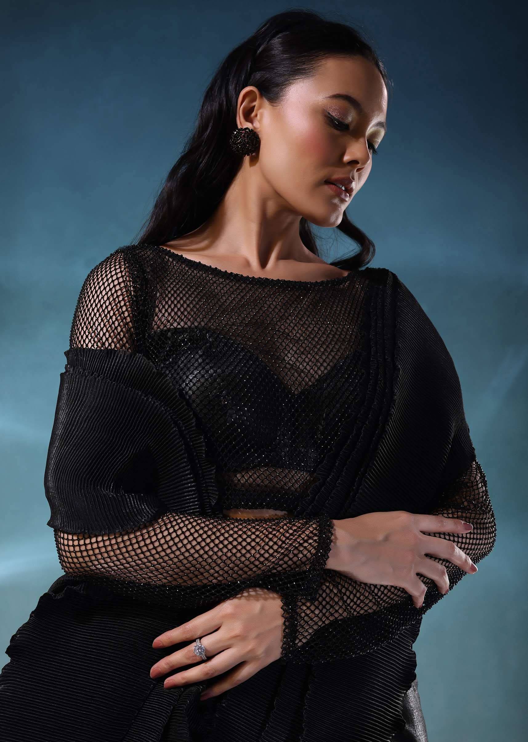 black satin polyester crush saree-sg147518 5