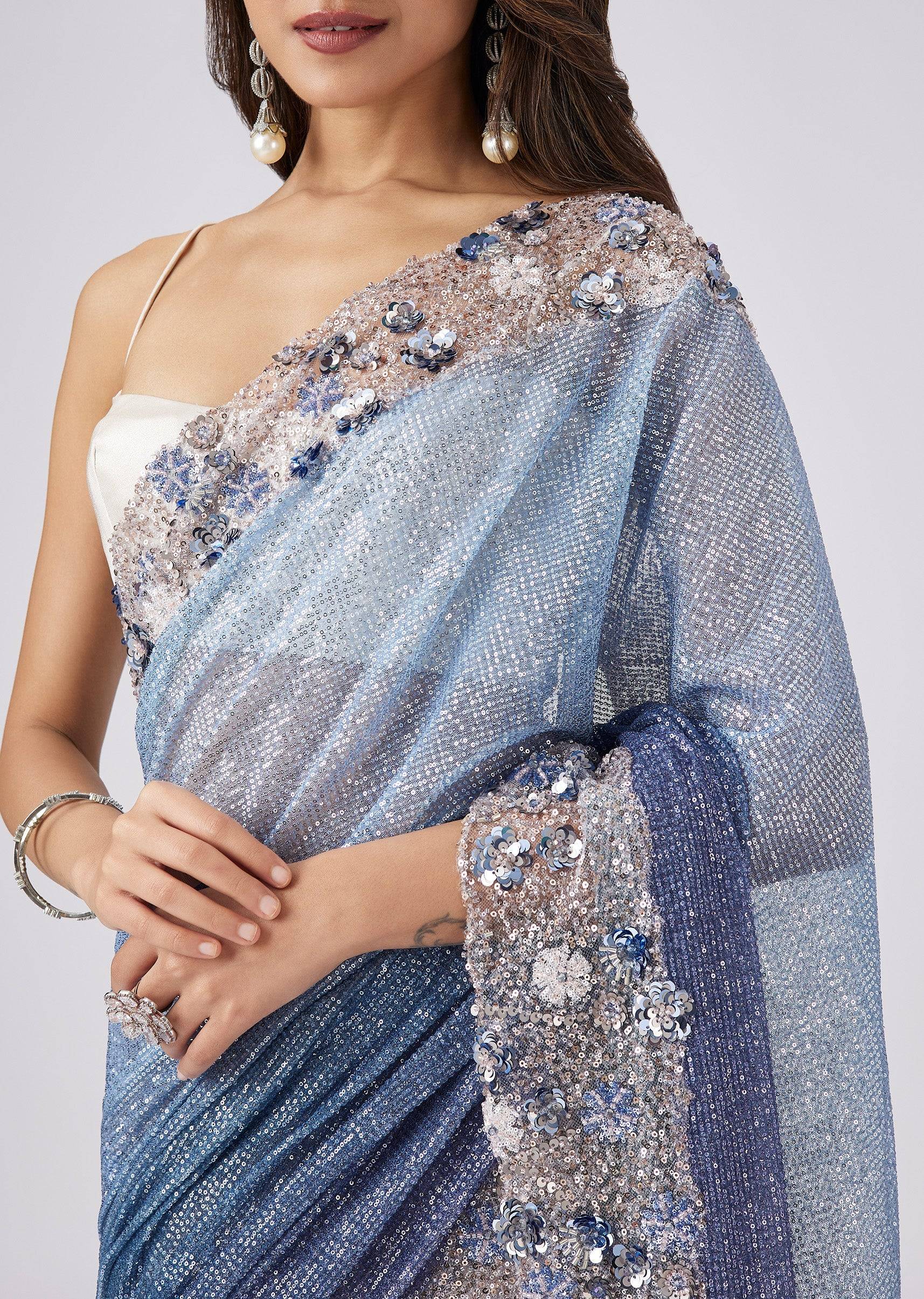 Blue Net Half And Half Sequin Saree