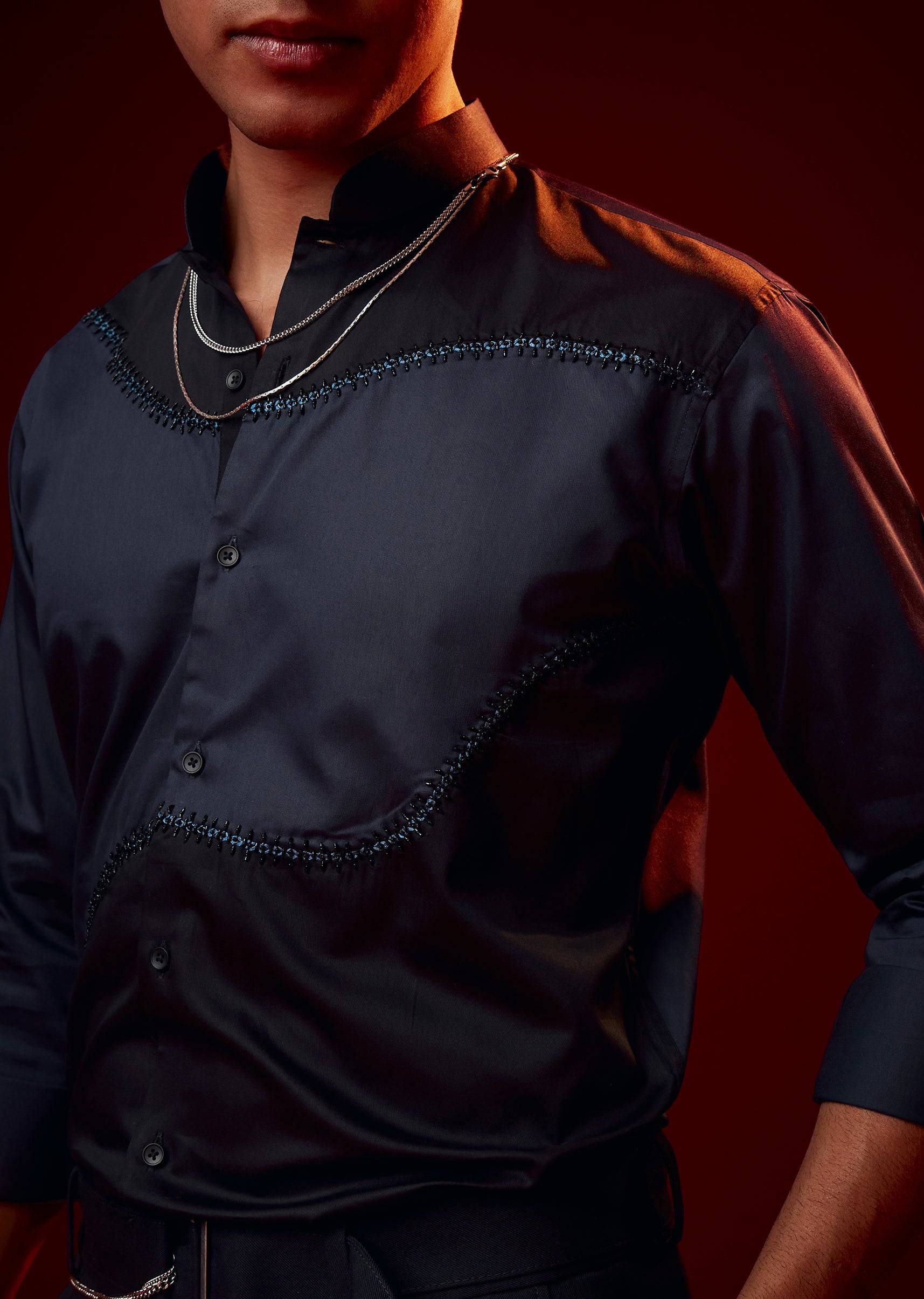 Blue Patch Work Embellished Mandarin Collar Shirt