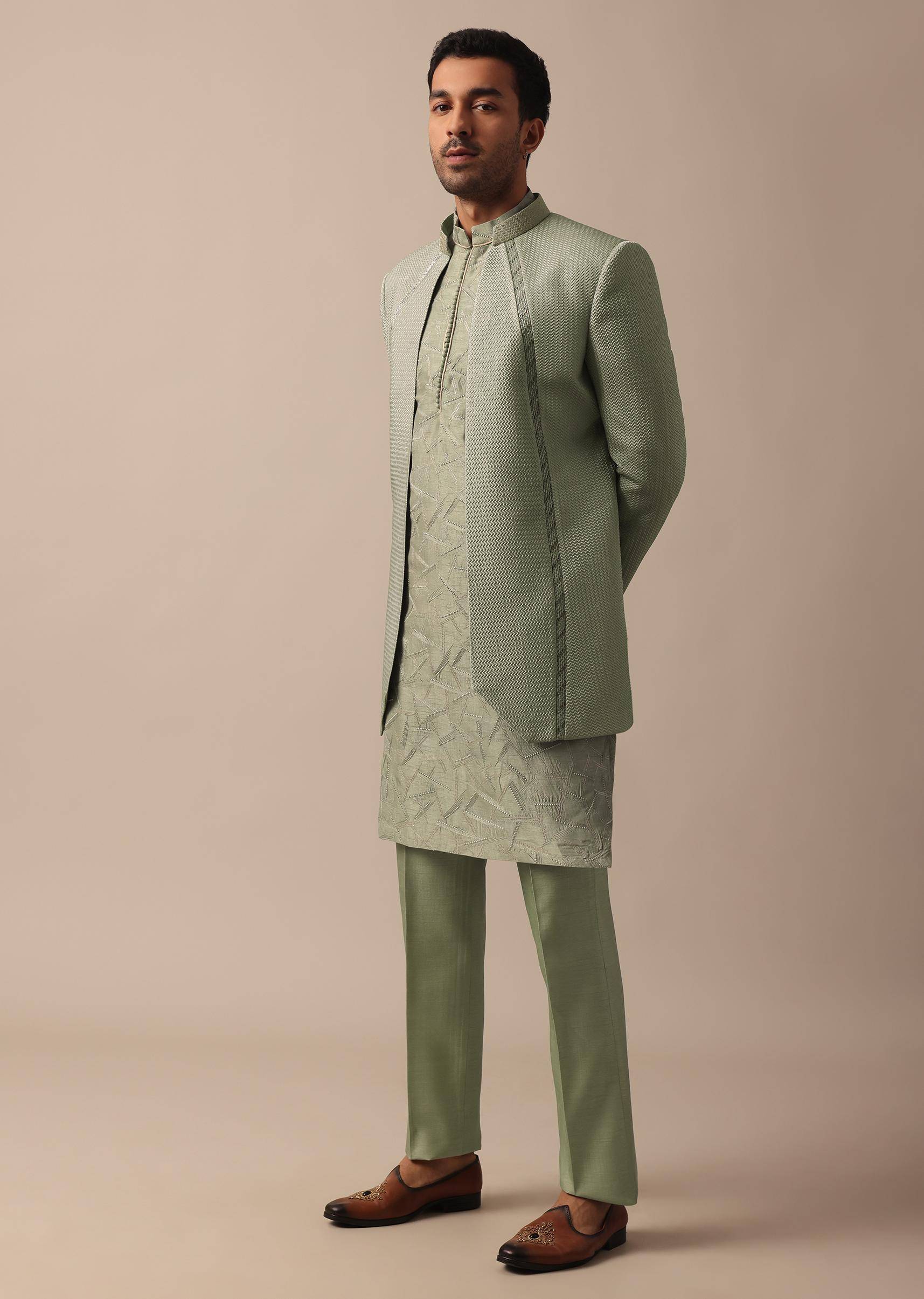 elegant green indowestern set featuring striking self work-sg217032 6