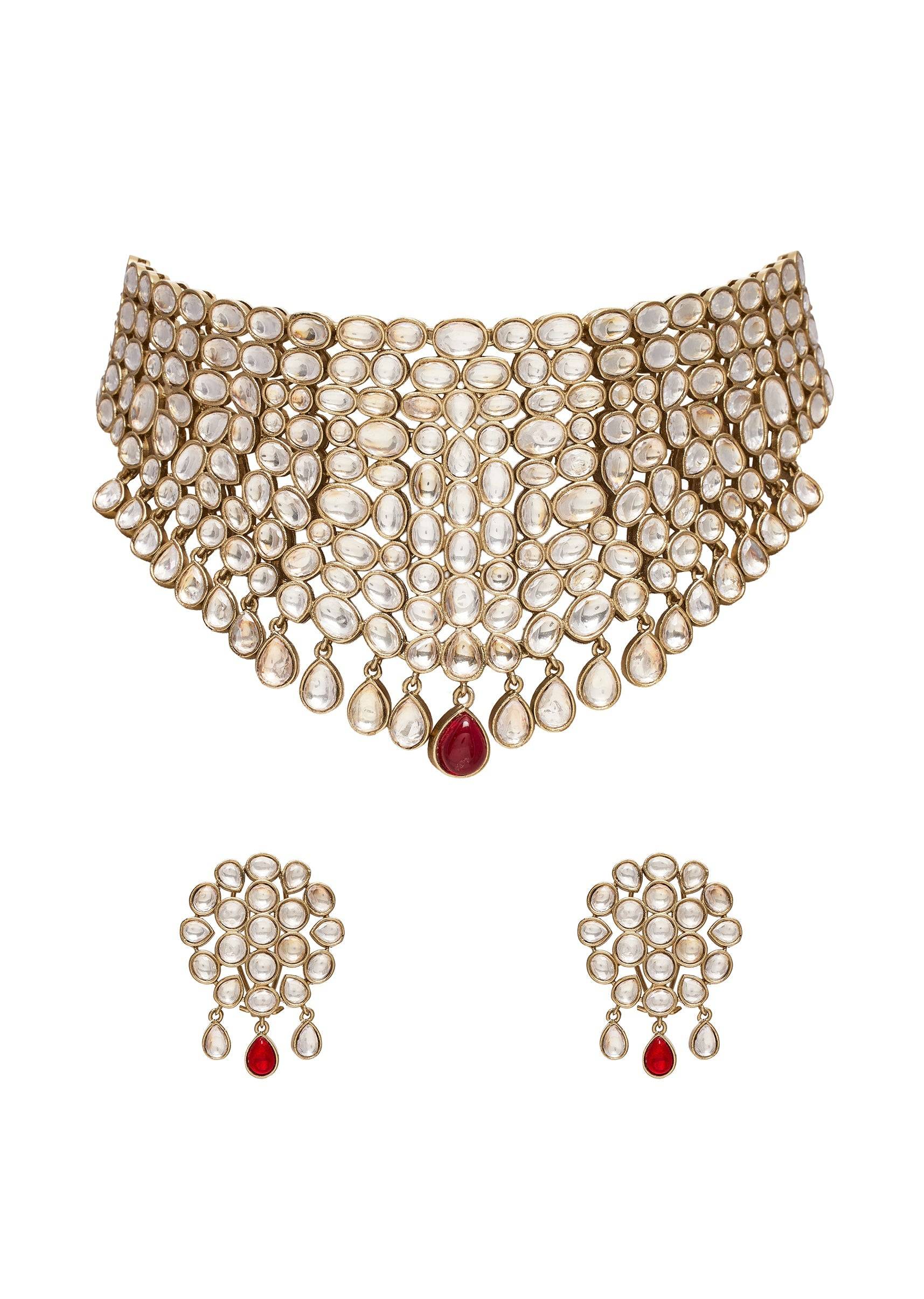 Gold Finish Kundan Bridal Choker Set With Ruby Drop