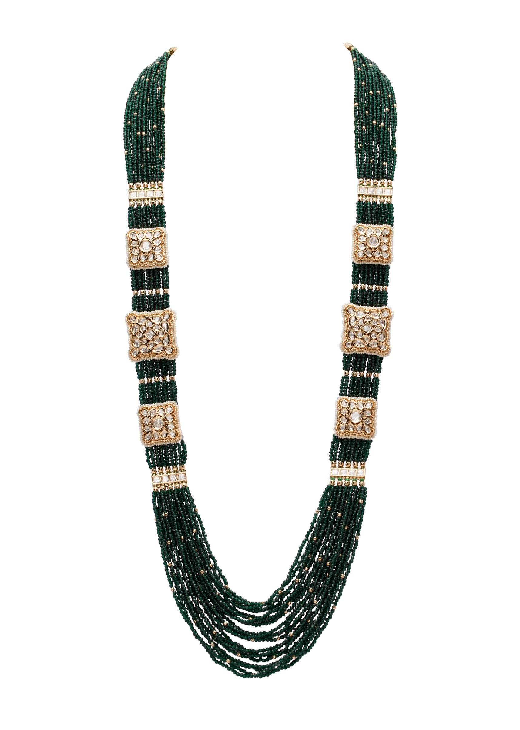 Green Beaded Rectangular Kundan Layered Mala