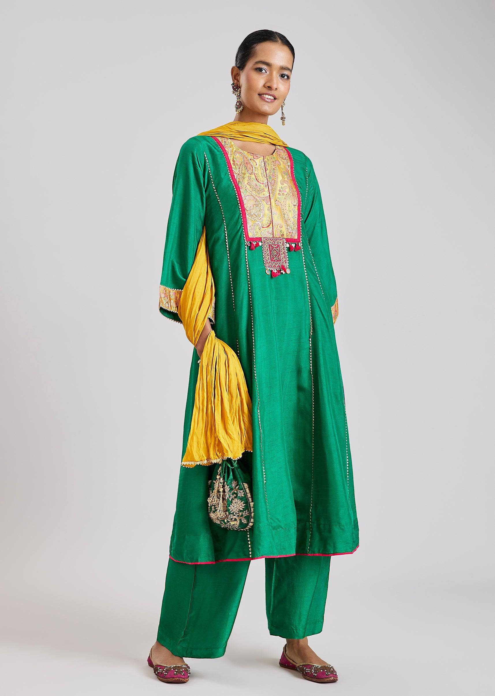 Green Patchwork Anarkali Set