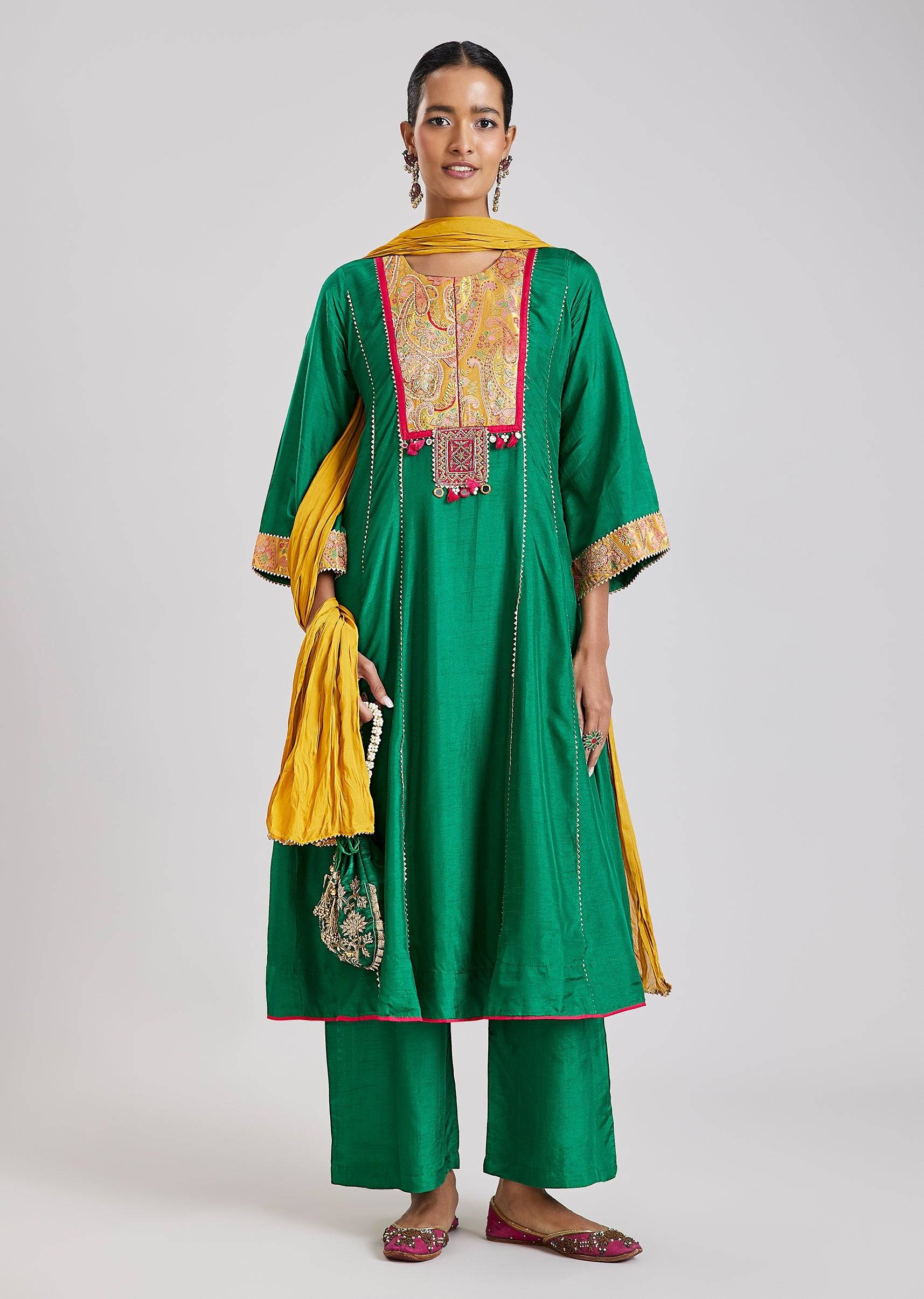 Green Patchwork Anarkali Set