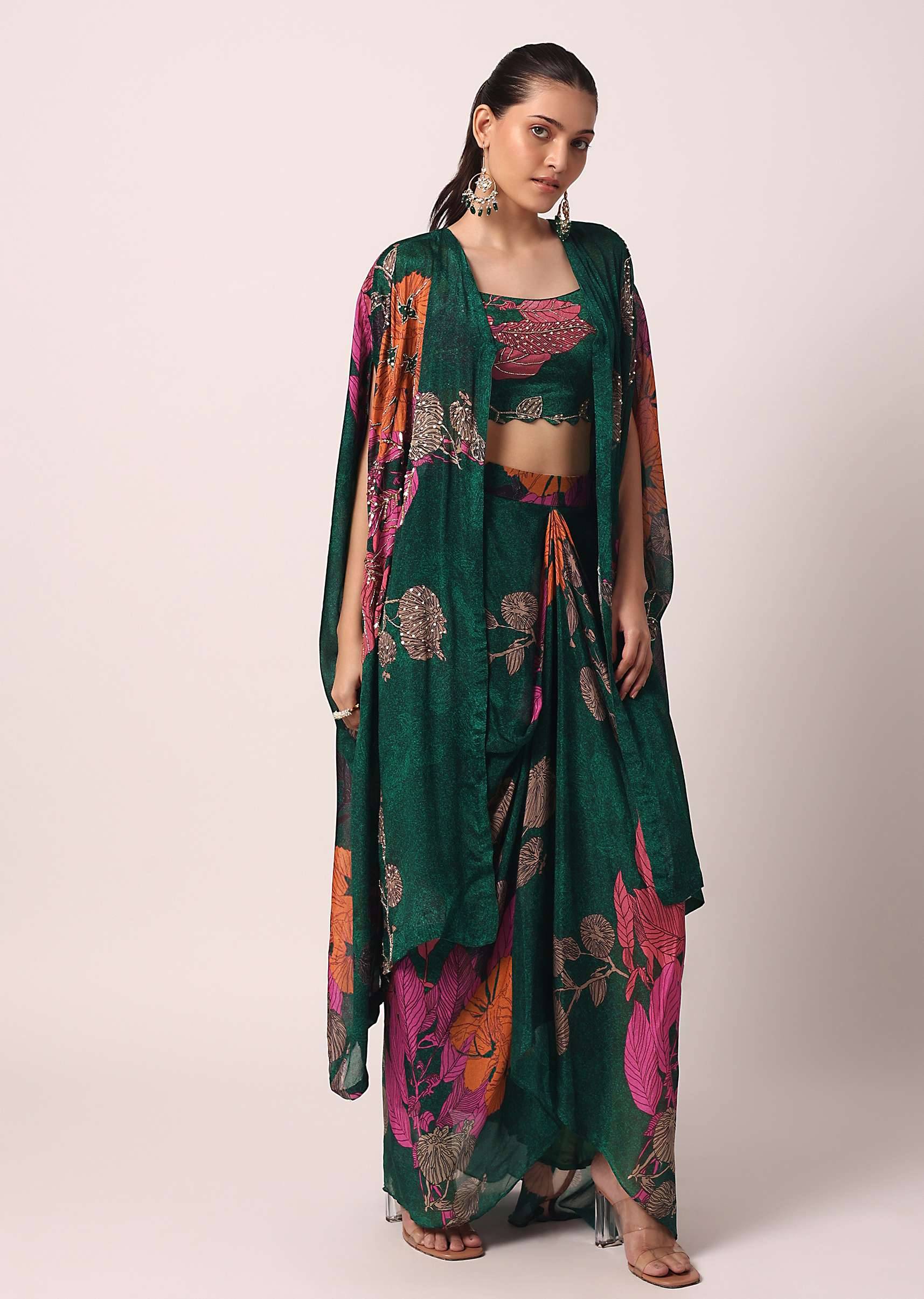 green printed dhoti set with jacket-sg217974 5