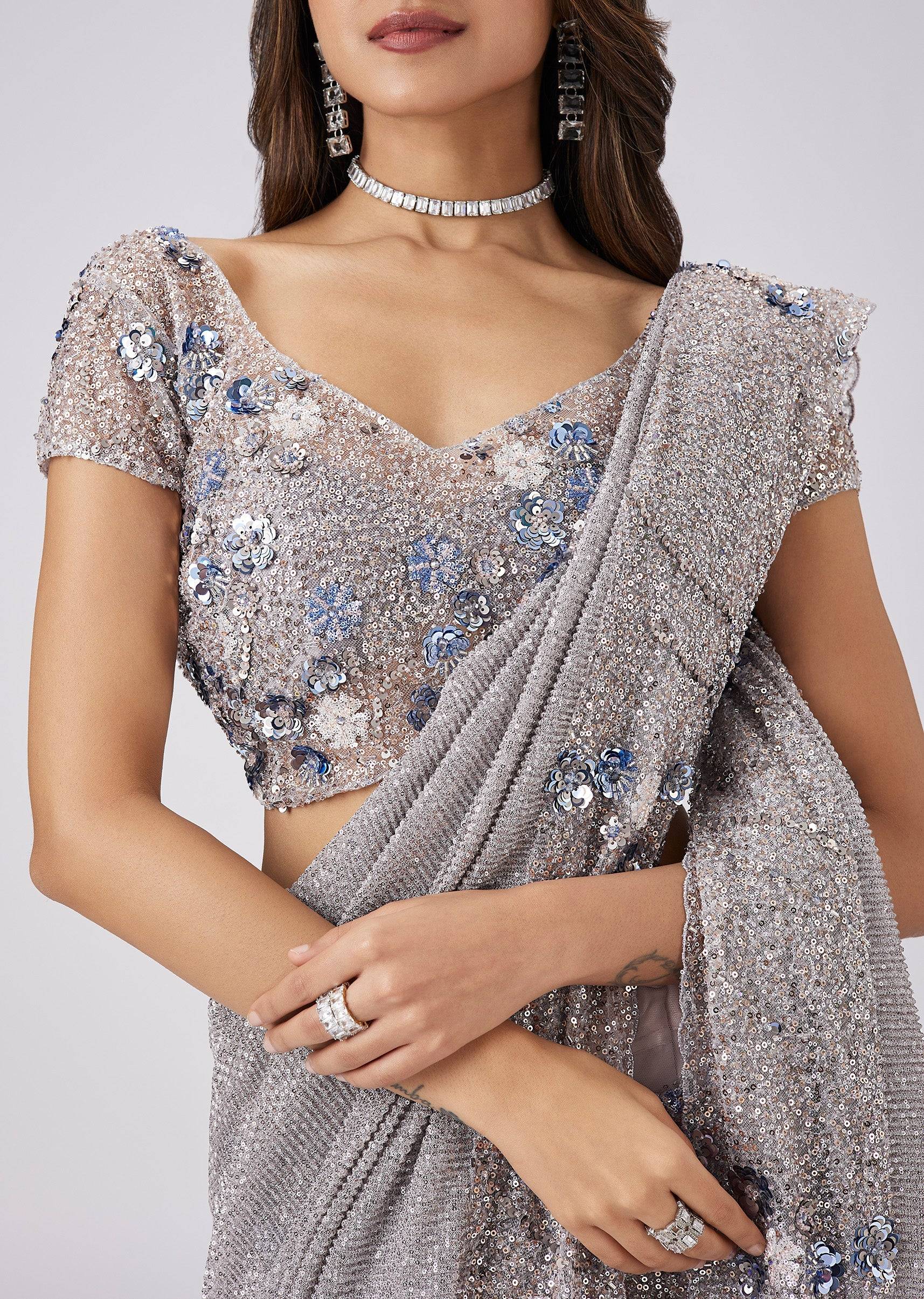 Grey Net Half And Half Sequin Saree With Ready Stitched Blouse