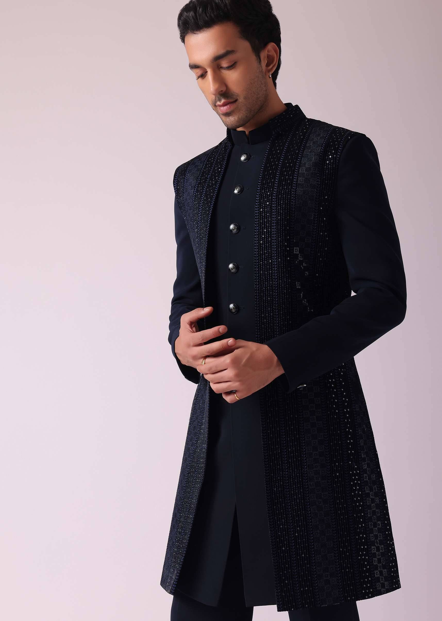 navy blue geometric patterned achkan style-sg171416 12