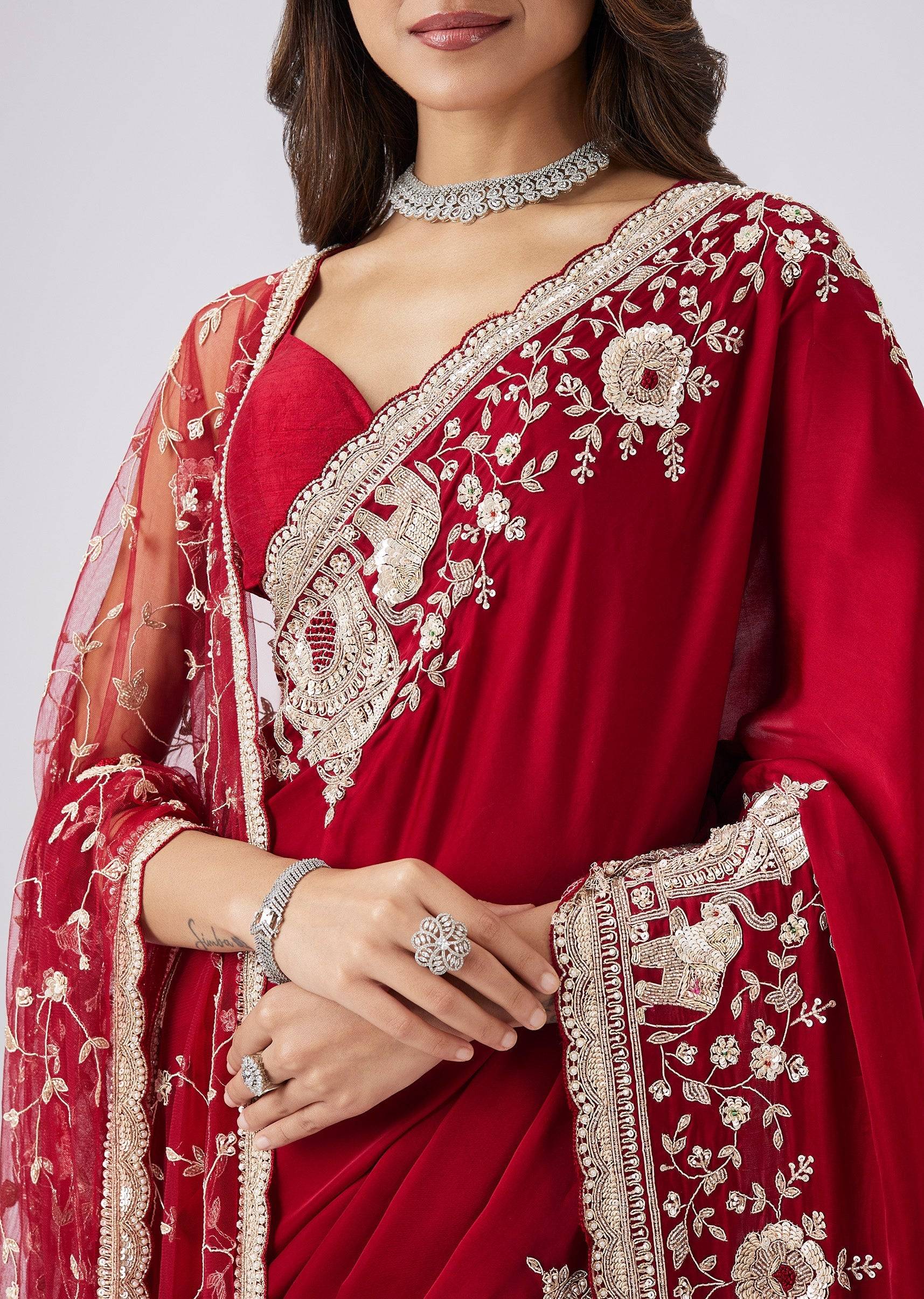 Ruby Red Satin Saree With Embroidered Dupatta And Heavy Dupatta
