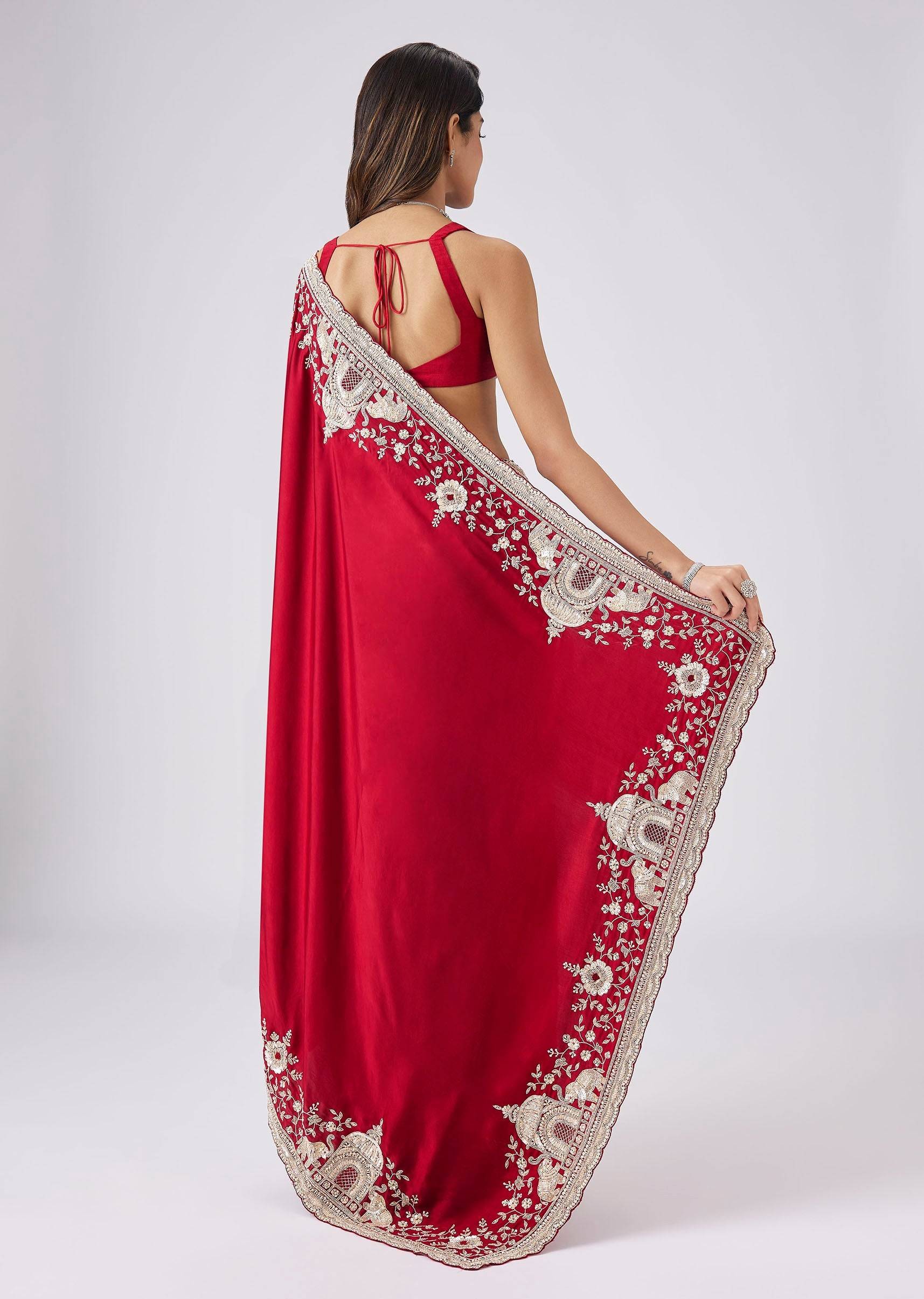 Ruby Red Satin Saree With Embroidered Dupatta And Heavy Dupatta