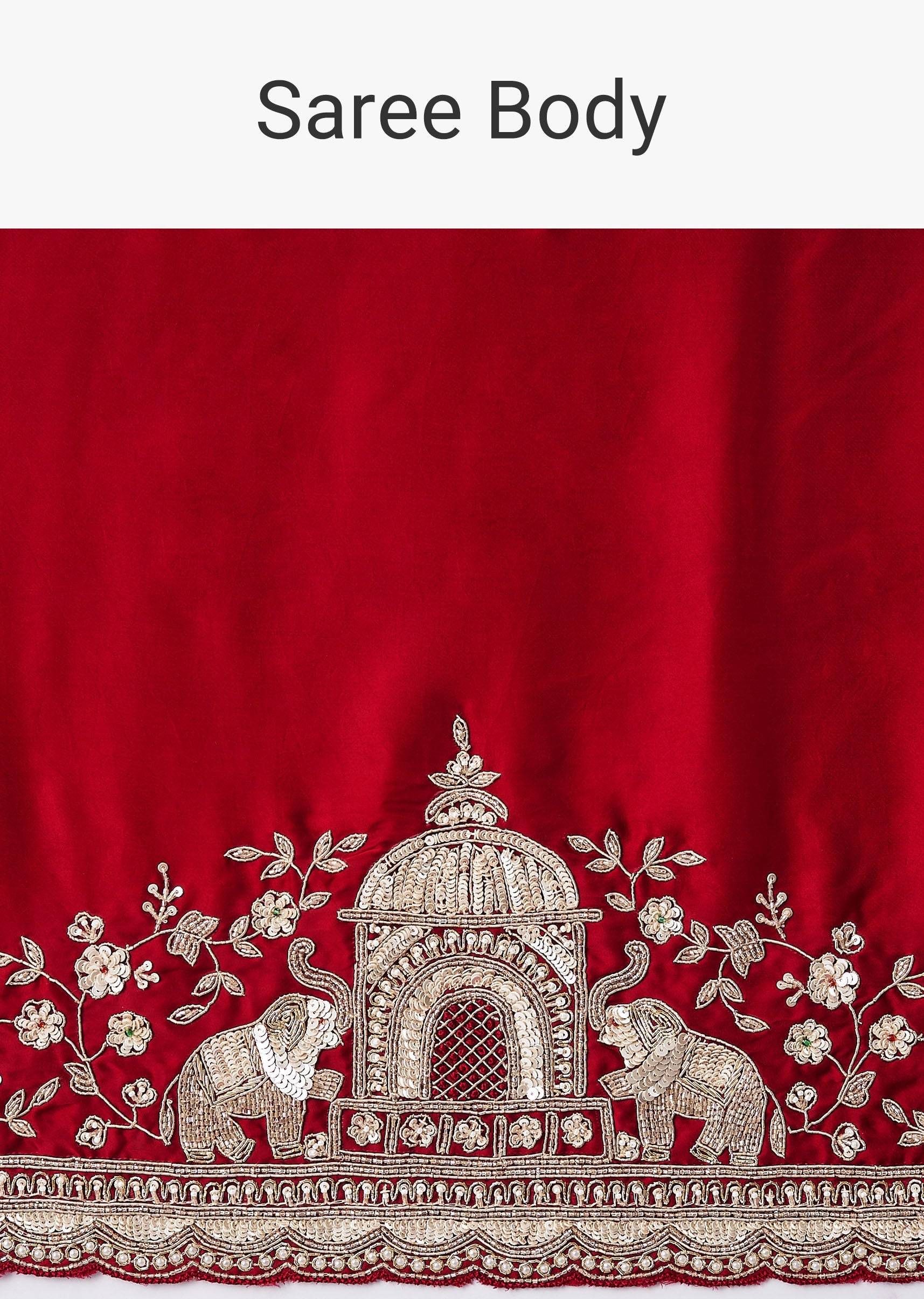 Ruby Red Satin Saree With Embroidered Dupatta And Heavy Dupatta