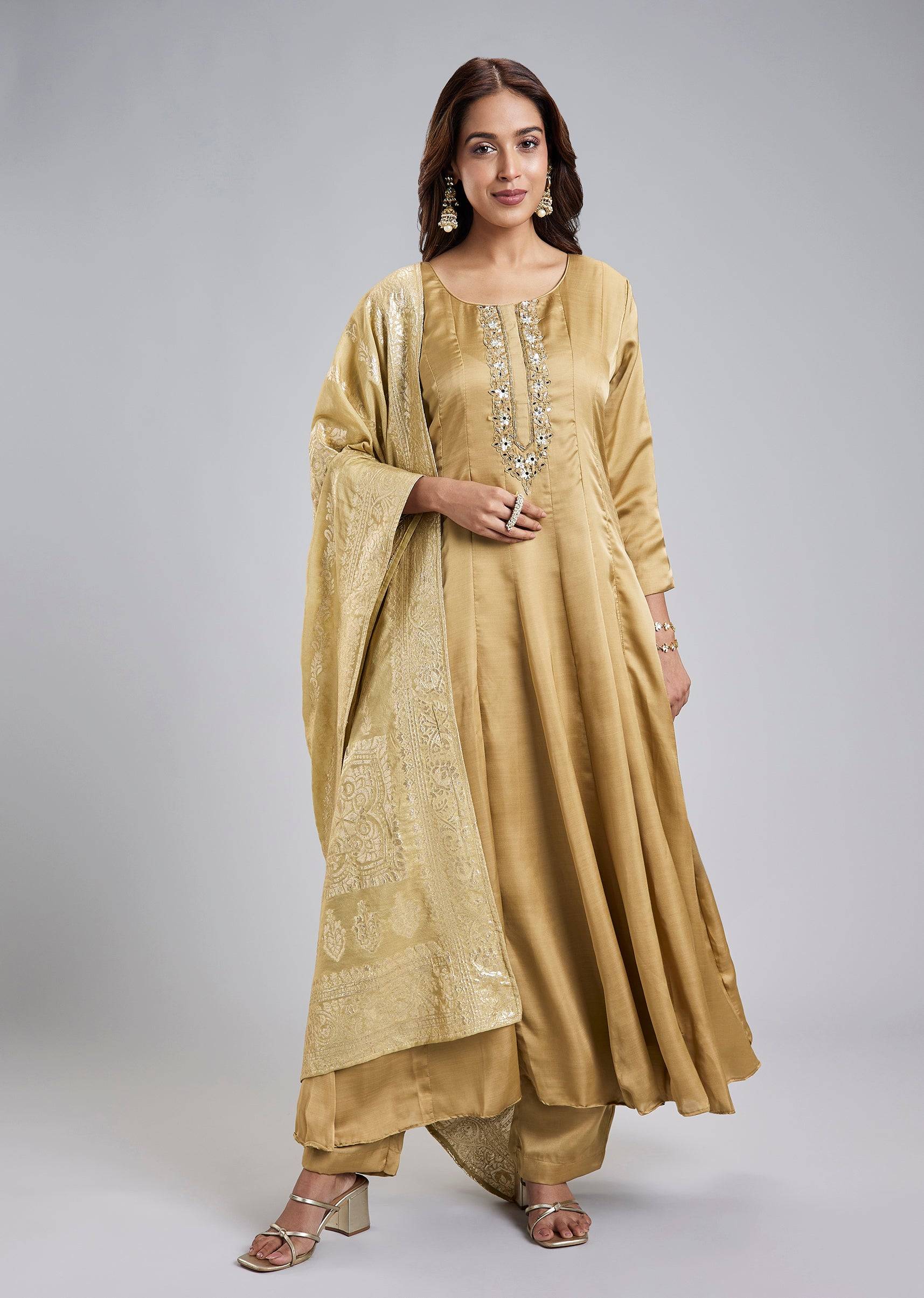 Gold Anarkali Suit With Mirror And Moti Embroidery And Jacquard Dupatta