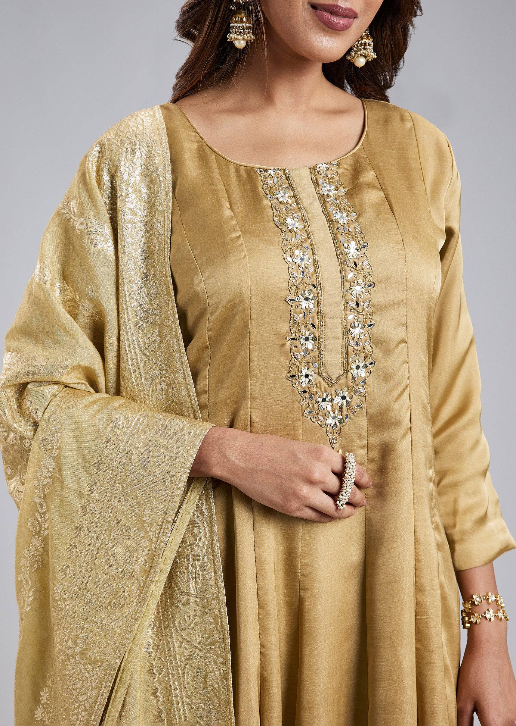Gold Anarkali Suit With Mirror And Moti Embroidery And Jacquard Dupatta