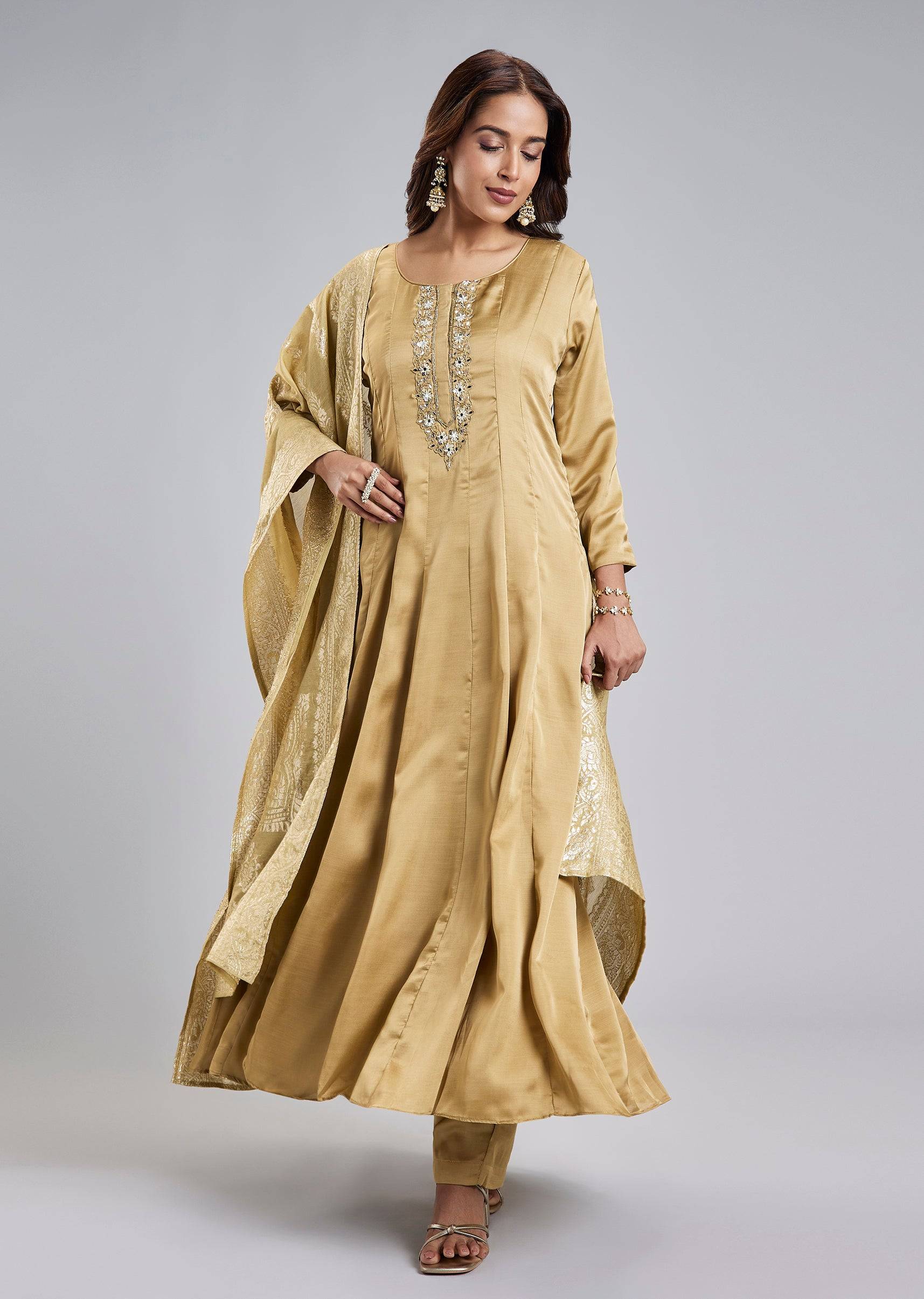 Gold Anarkali Suit With Mirror And Moti Embroidery And Jacquard Dupatta
