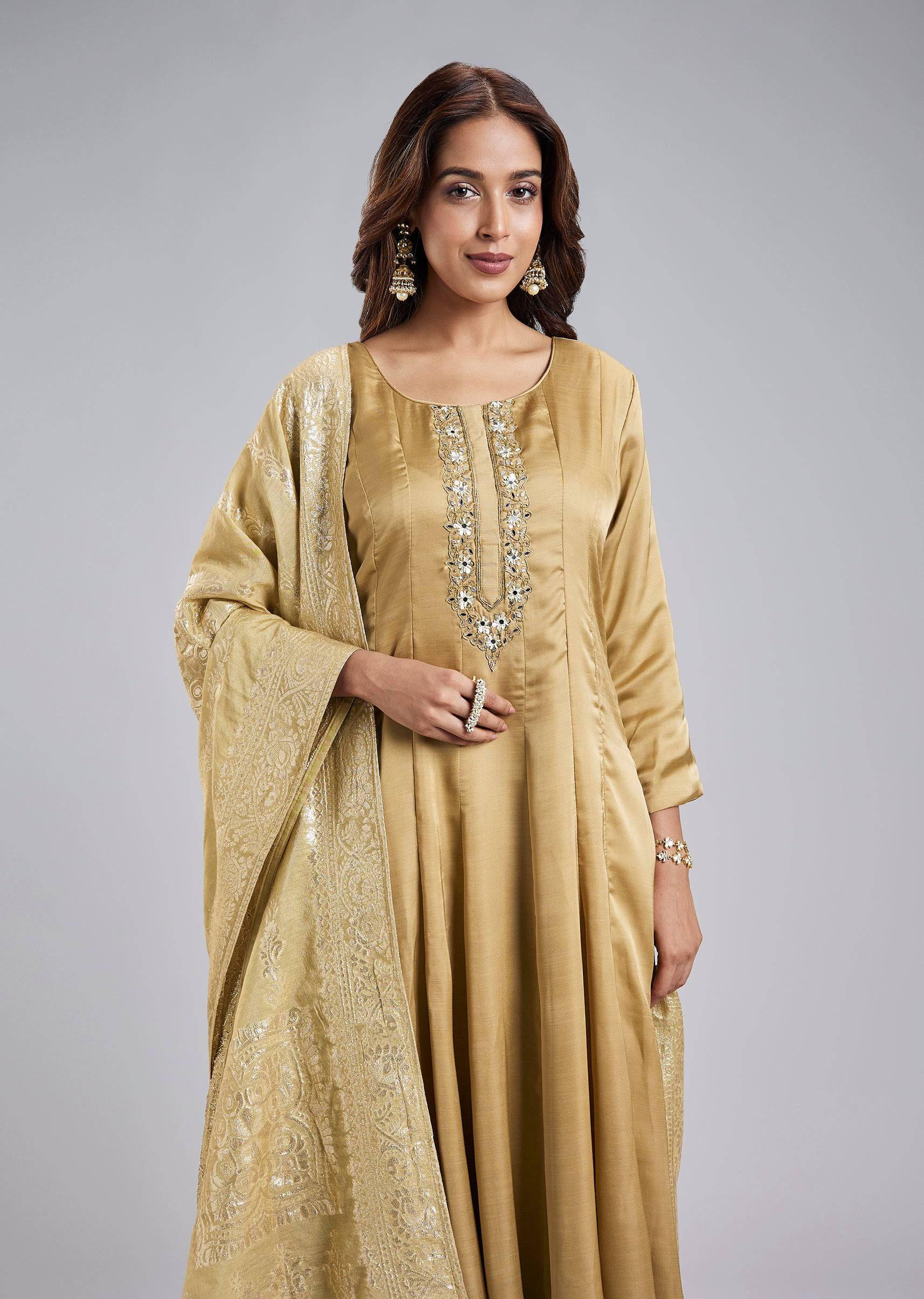 Gold Anarkali Suit With Mirror And Moti Embroidery And Jacquard Dupatta