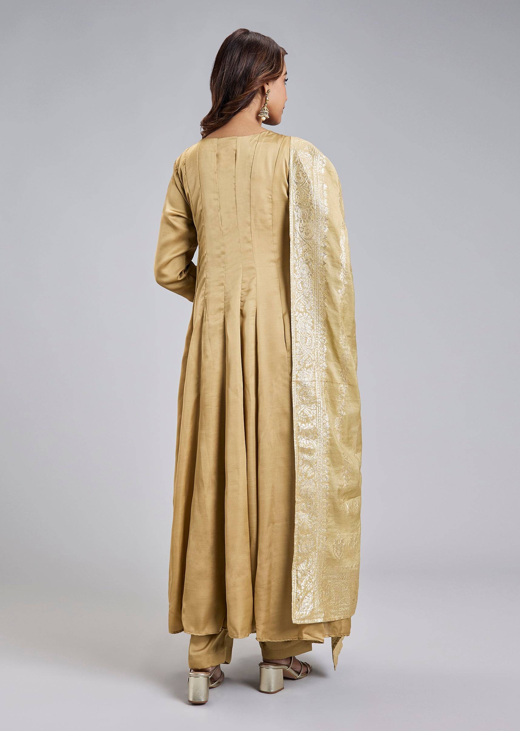 Gold Anarkali Suit With Mirror And Moti Embroidery And Jacquard Dupatta
