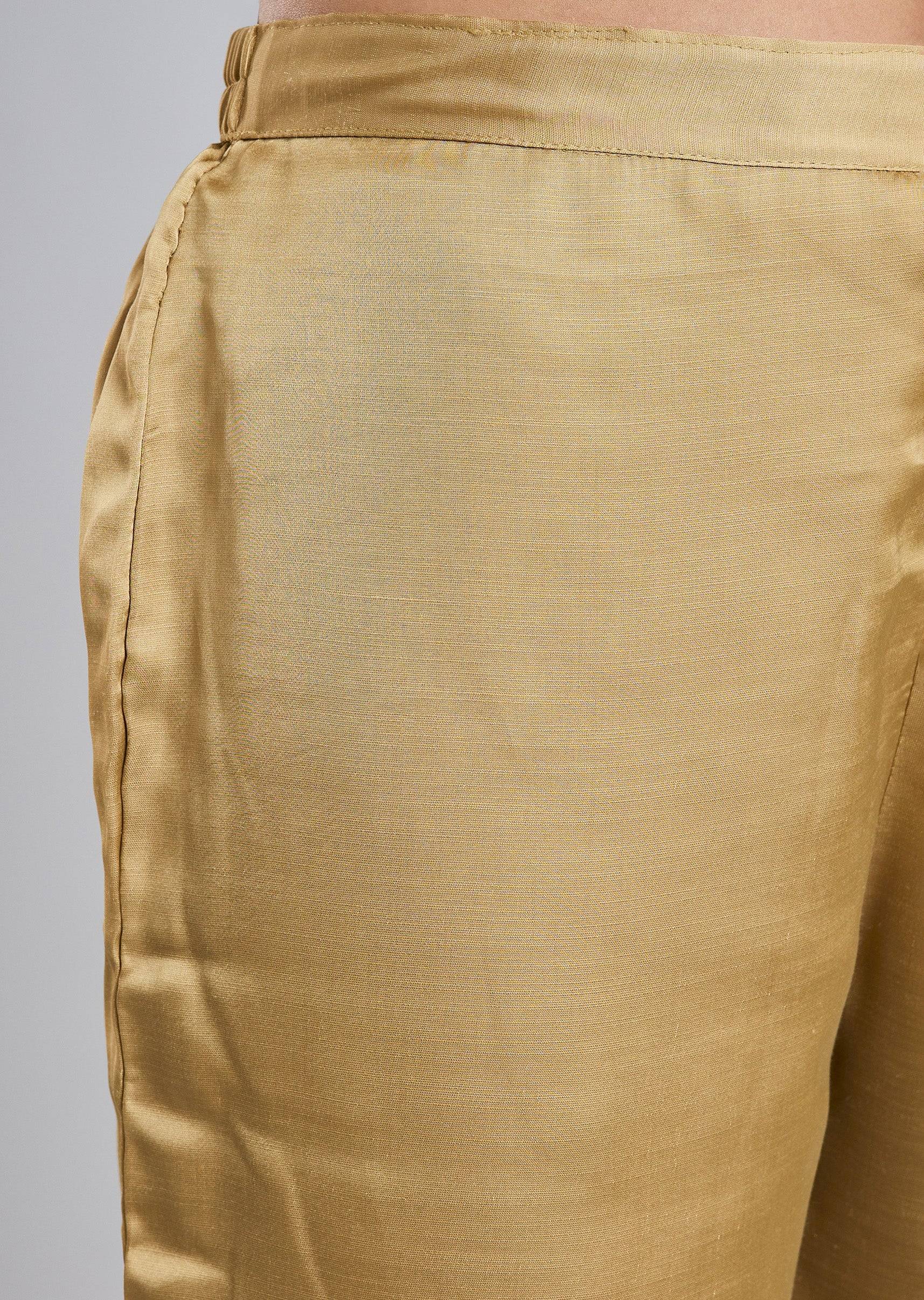 Gold Anarkali Suit With Mirror And Moti Embroidery And Jacquard Dupatta