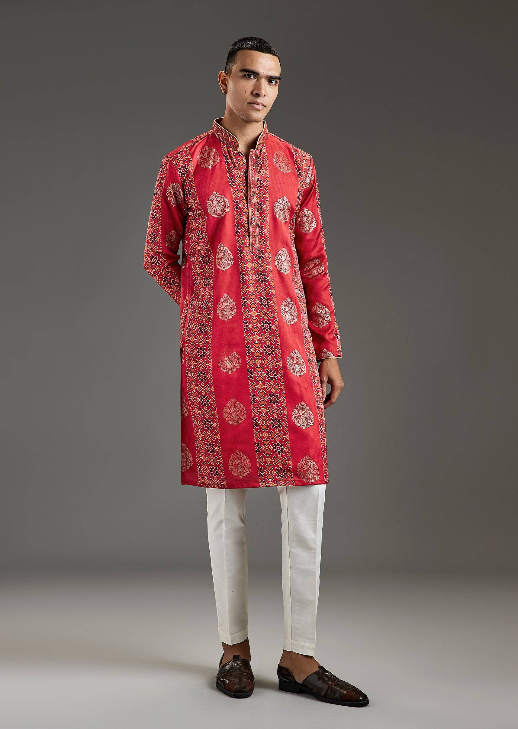 Red Kurta Set For Men With Ethnic Motif Work