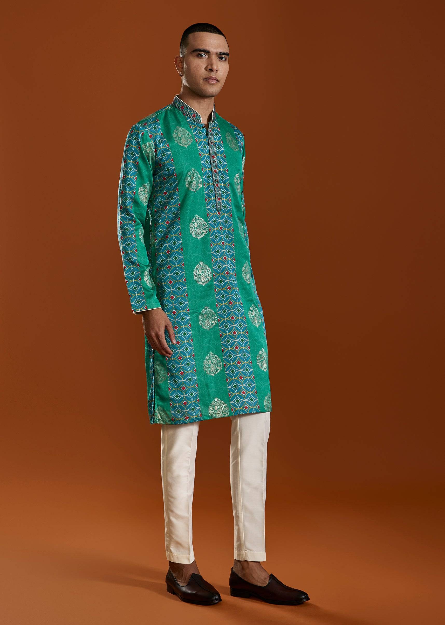 Green Mens Viscose Printed Kurta Set