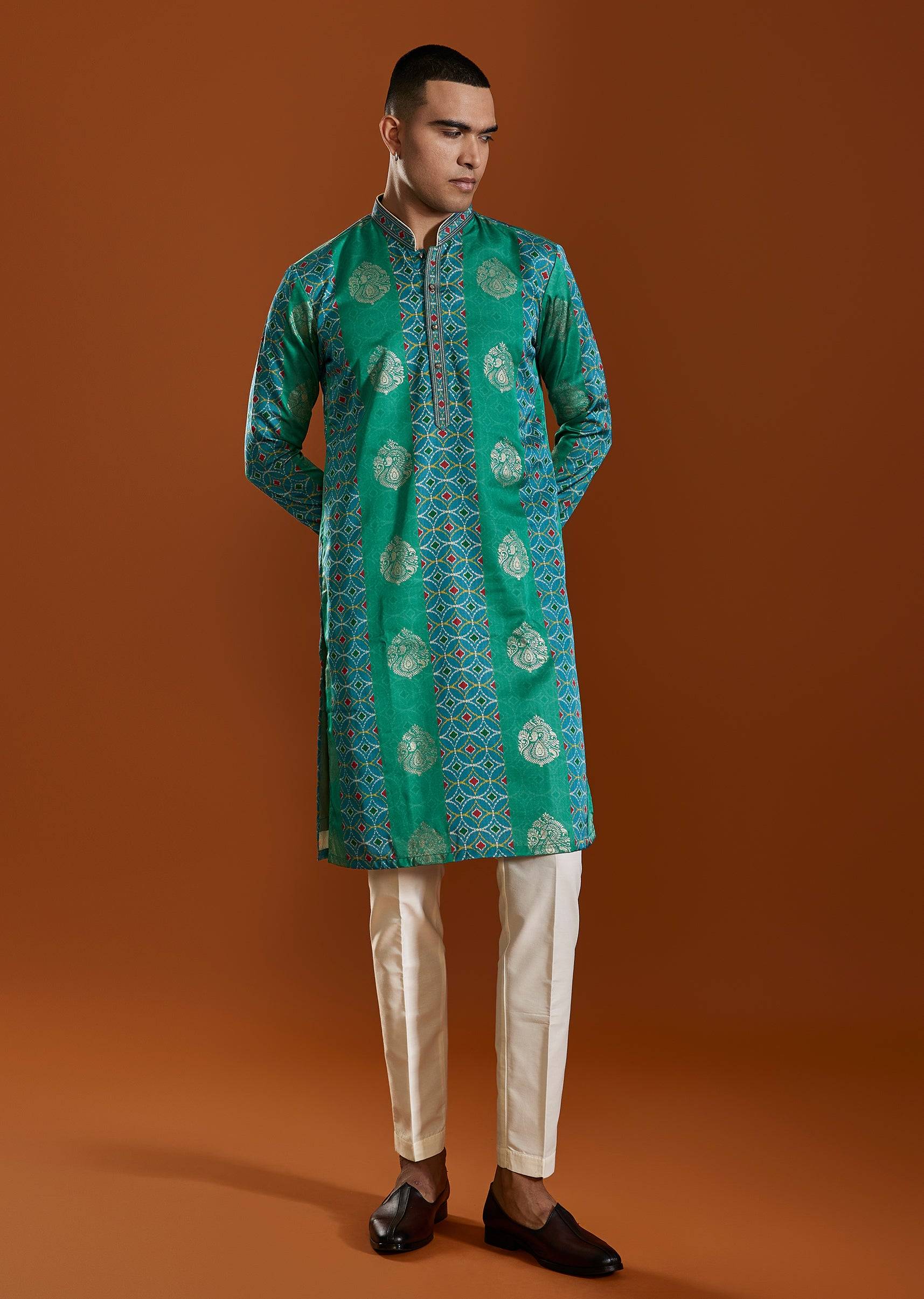 Green Mens Viscose Printed Kurta Set