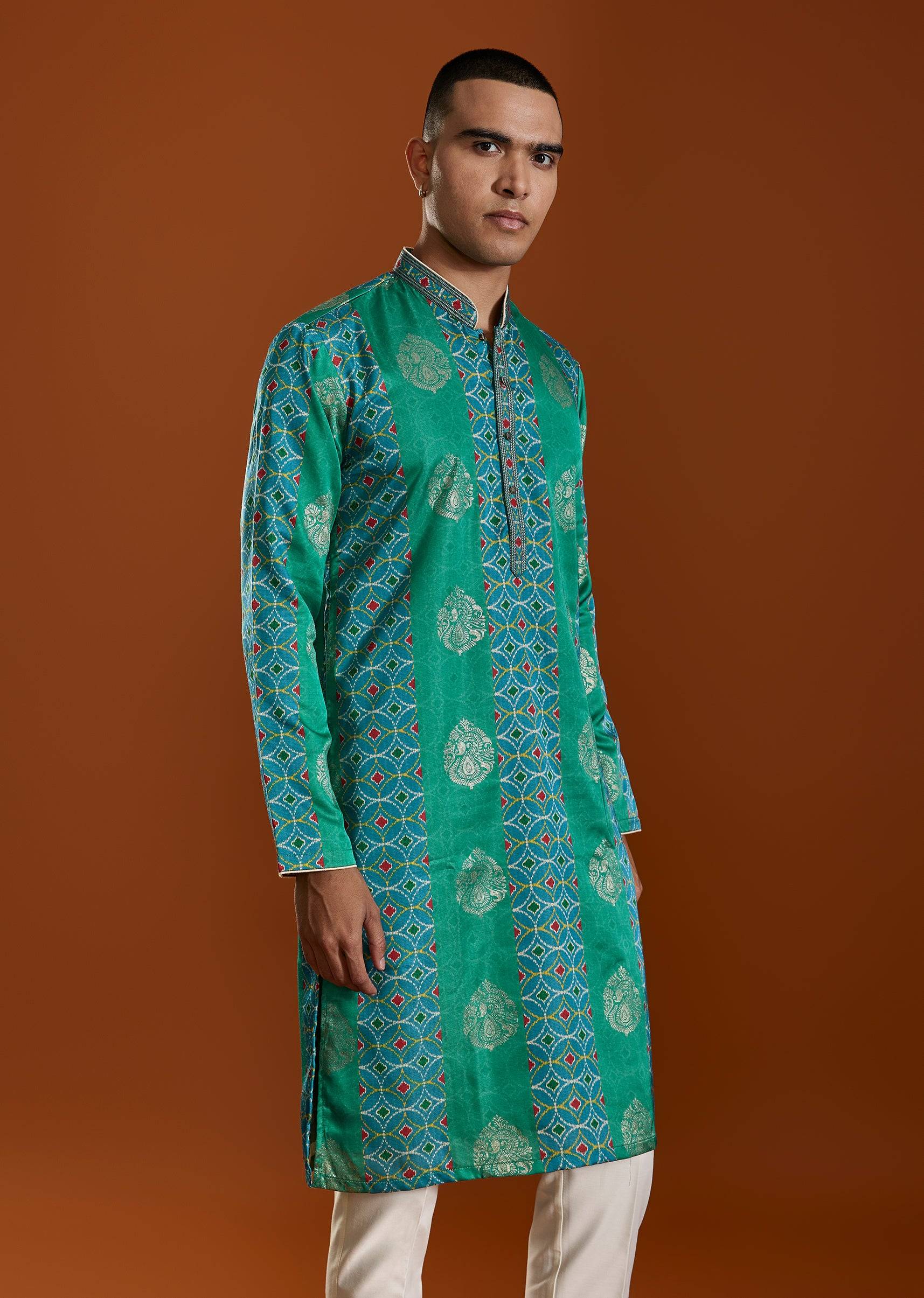 Green Mens Viscose Printed Kurta Set