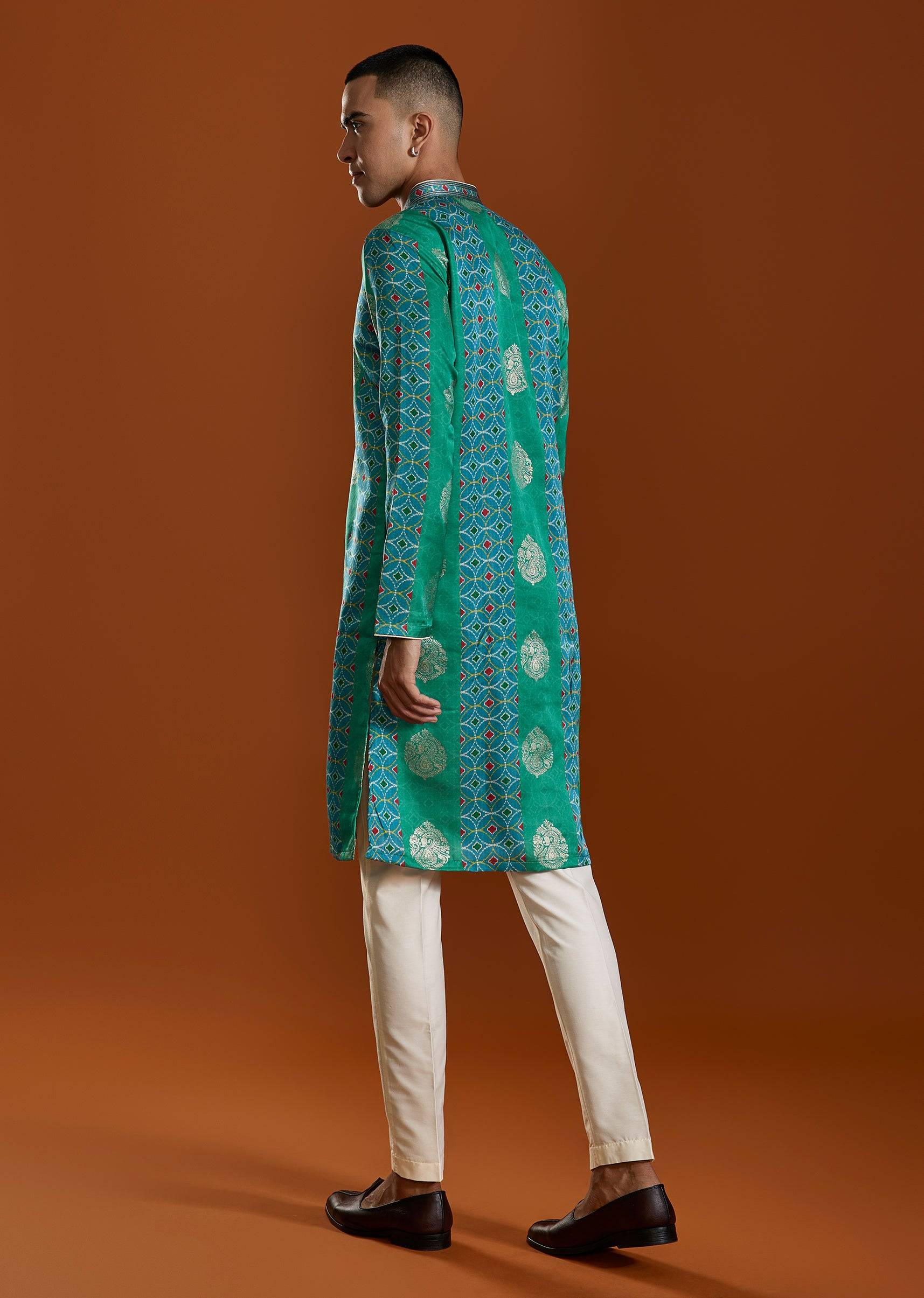 Green Mens Viscose Printed Kurta Set